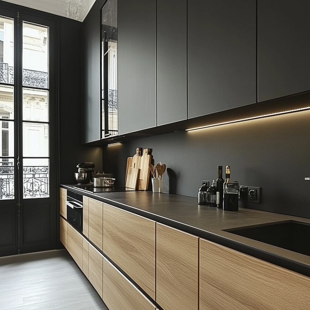 Chic Contrasts: Dark Stylish Kitchen with Natural Wood Accents and Subtle Under-Cabinet Lighting | Material Depot