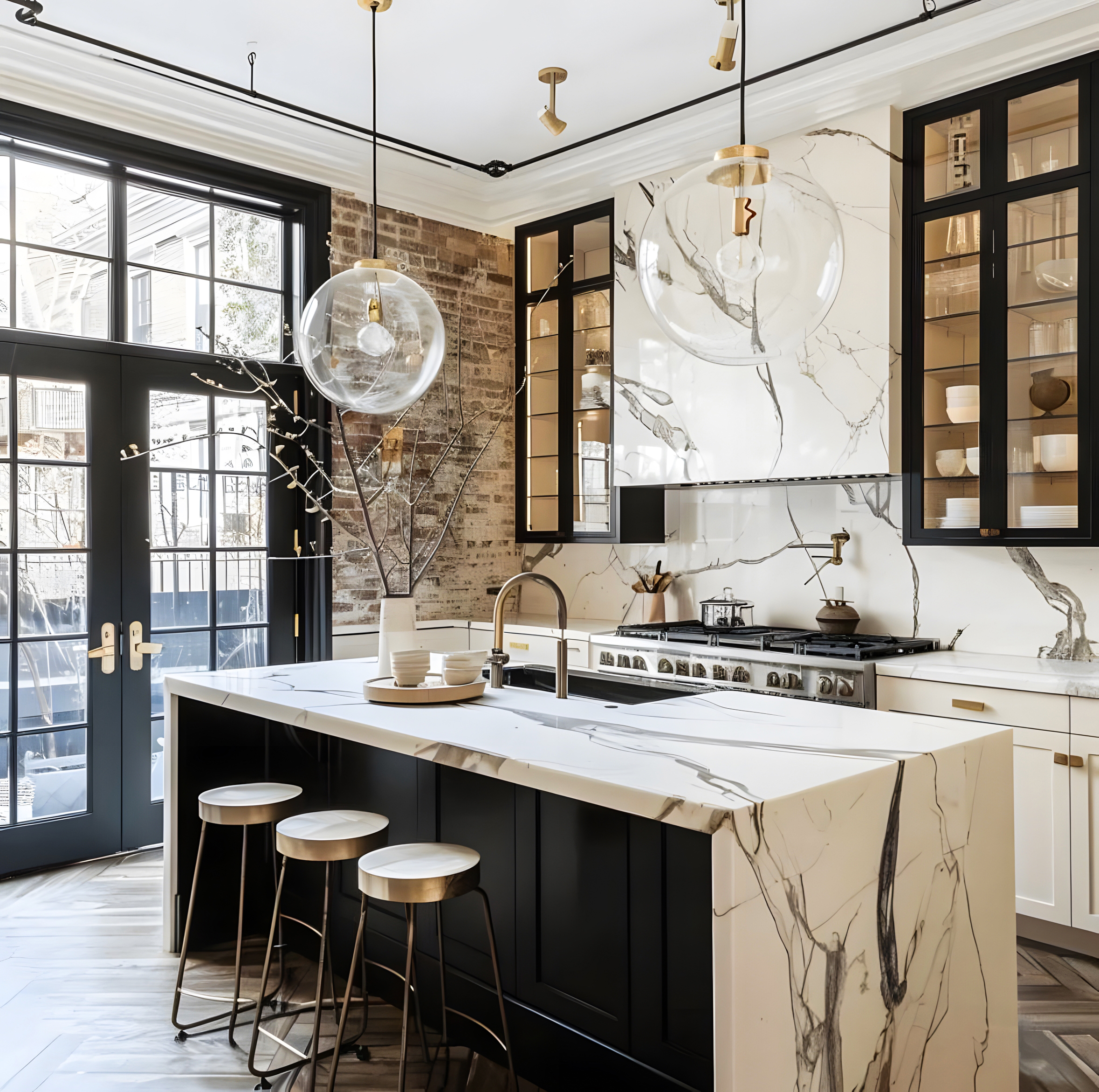 Chic Industrial Kitchen with Marble Island and Exposed Brick | Material Depot