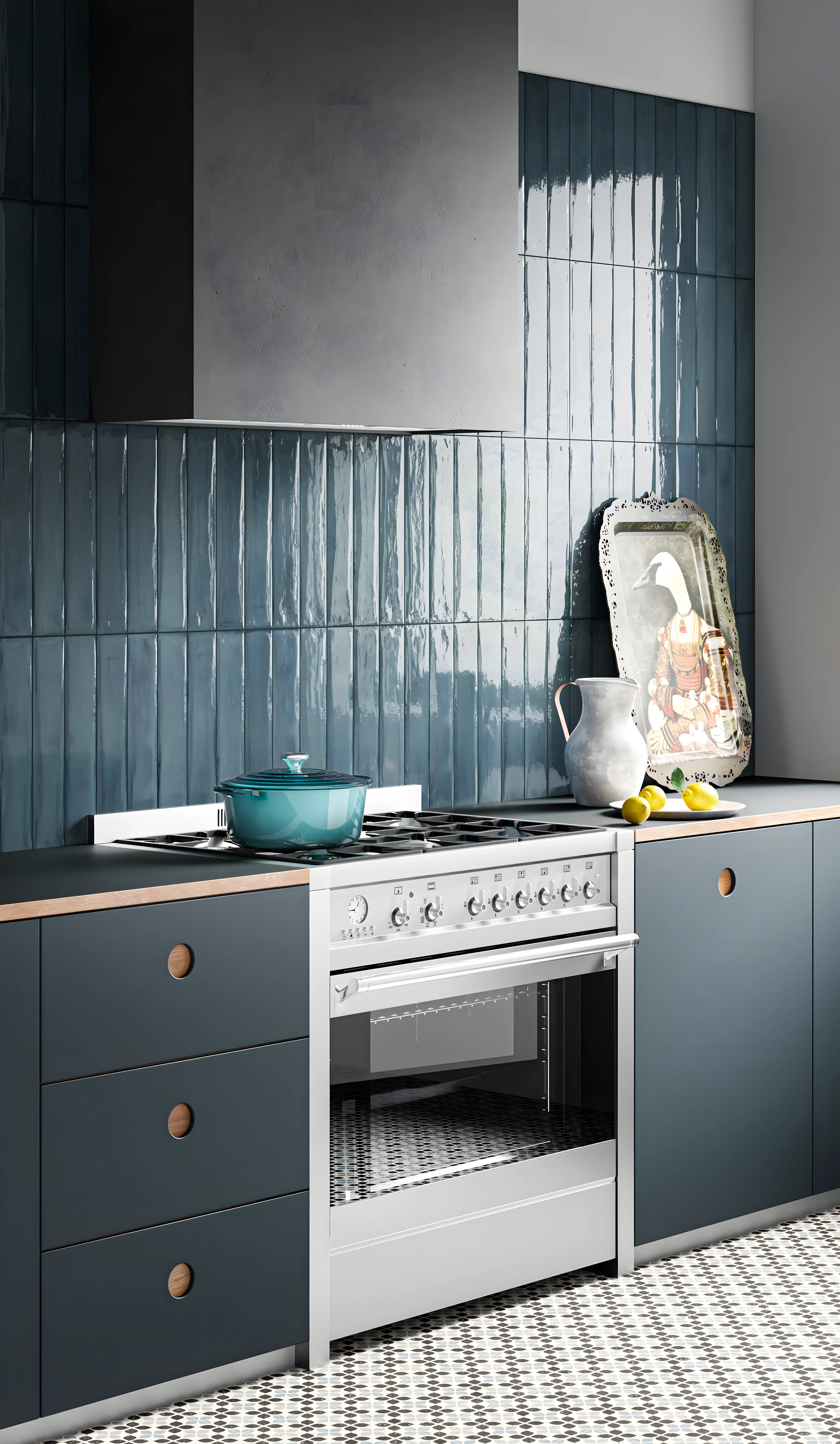 Chic Kitchen Design with Glossy Blue Tile Backsplash and Matte Cabinetry | Material Depot