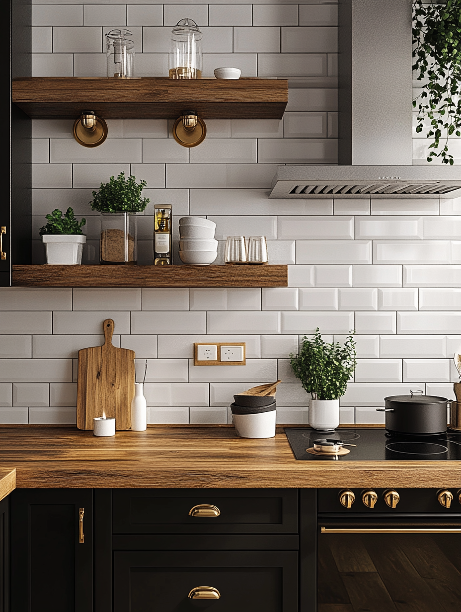 Chic Kitchen with Black Cabinets and Warm Wood Shelves | Material Depot