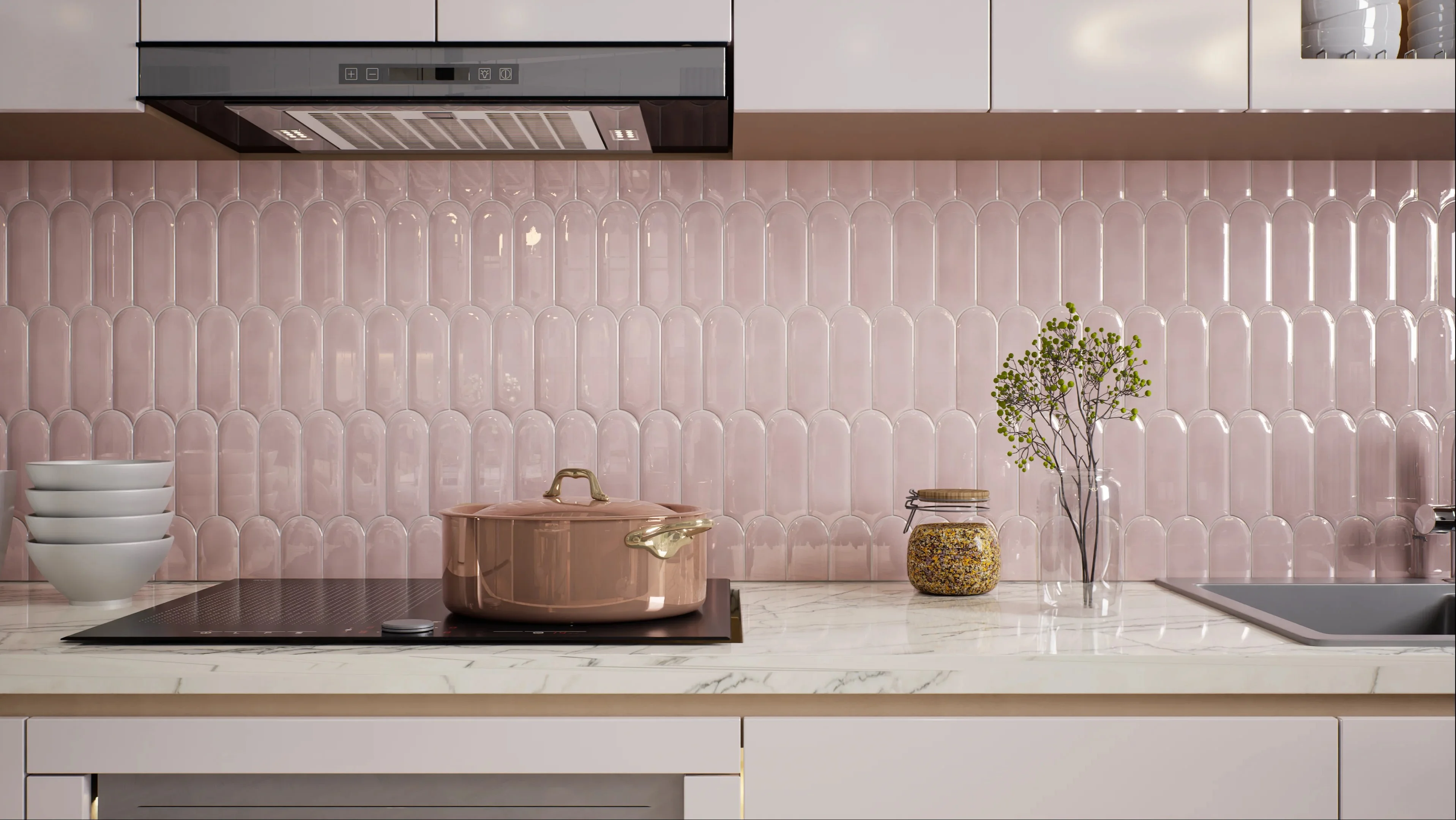 Chic Kitchen with Glossy Pink Textured Backsplash | Material Depot