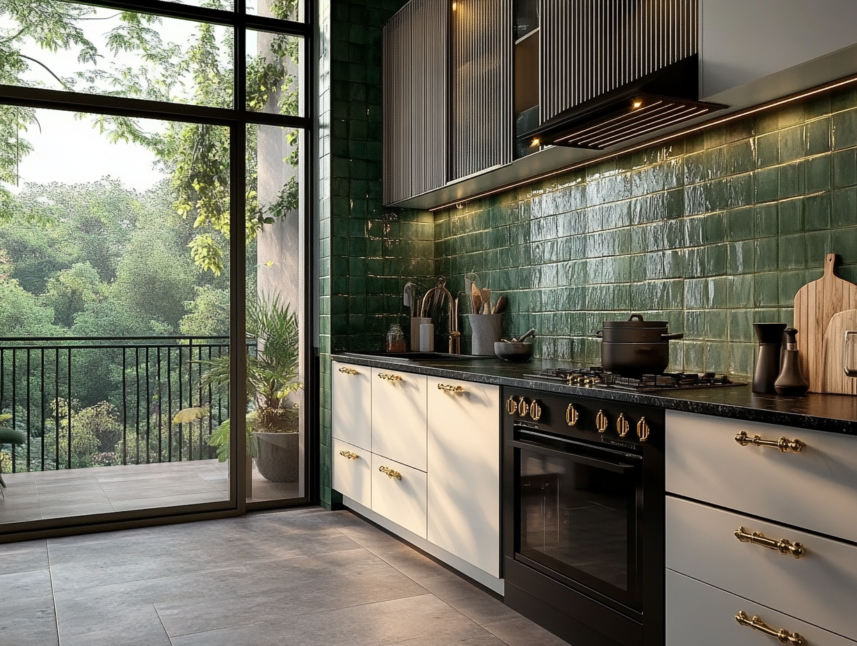 Chic Kitchen with Green Tile Backsplash and Garden View | Material Depot