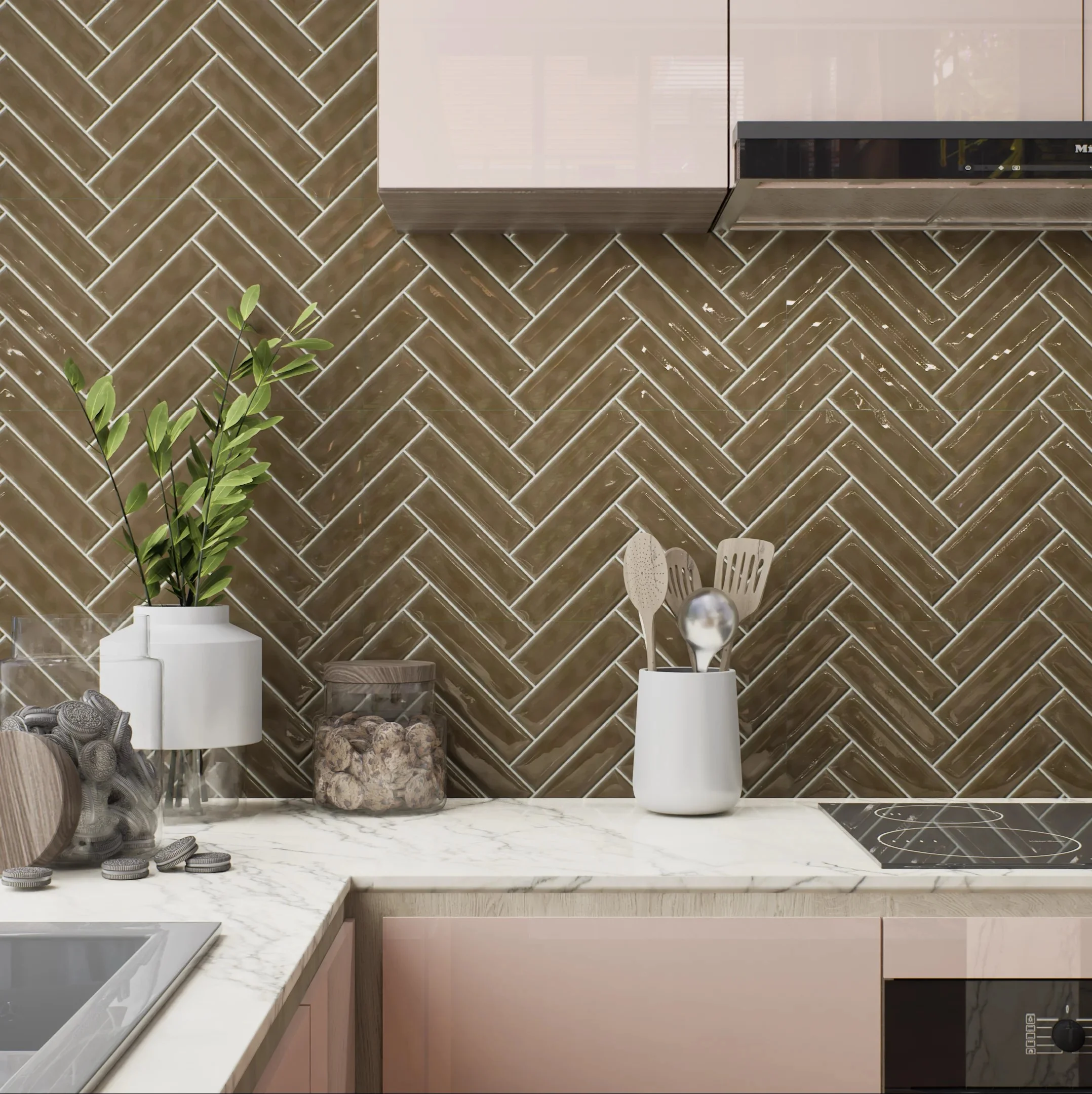 Chic Kitchen with Olive Green Chevron Tile Backsplash | Material Depot