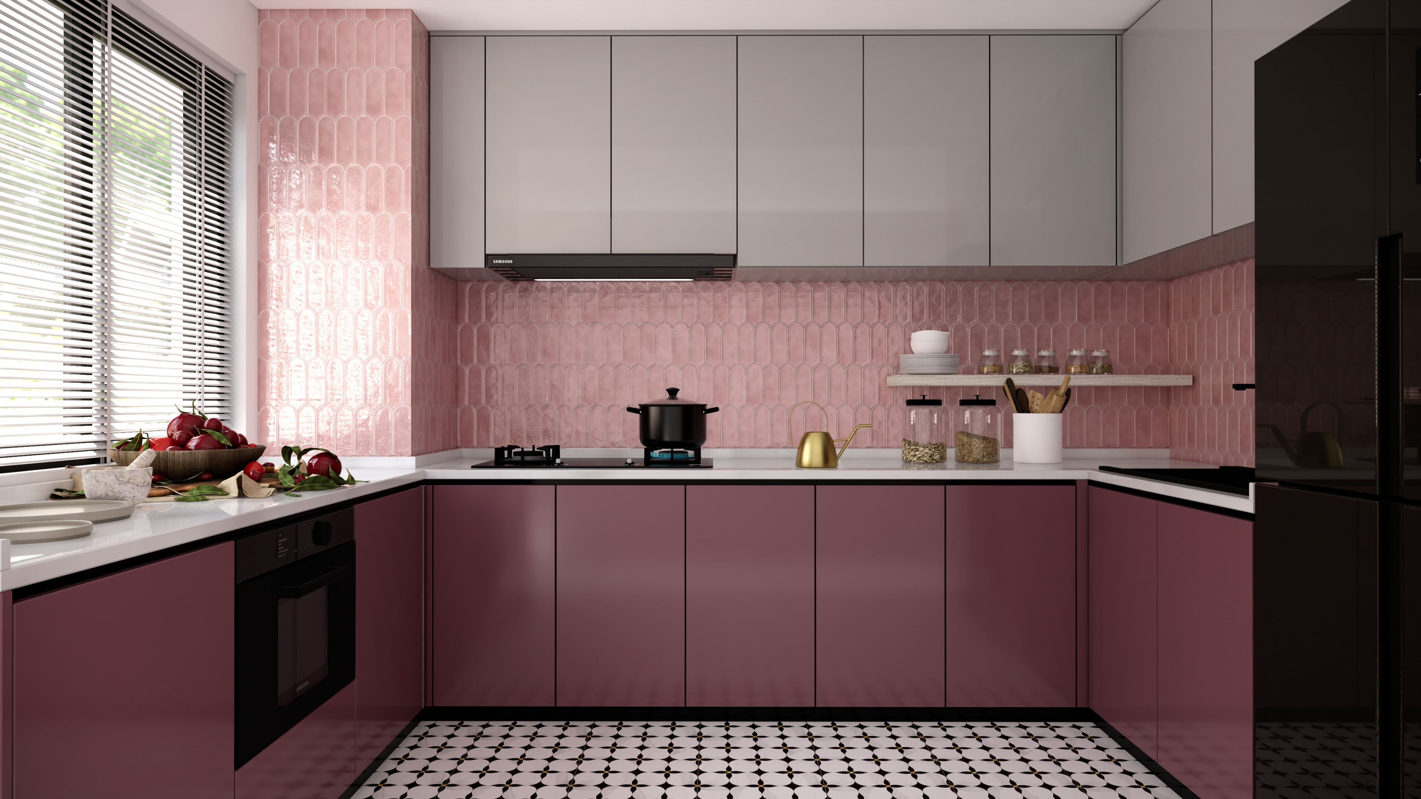 Chic Kitchen with Pink Tiles and Mauve Matte Cabinets | Material Depot