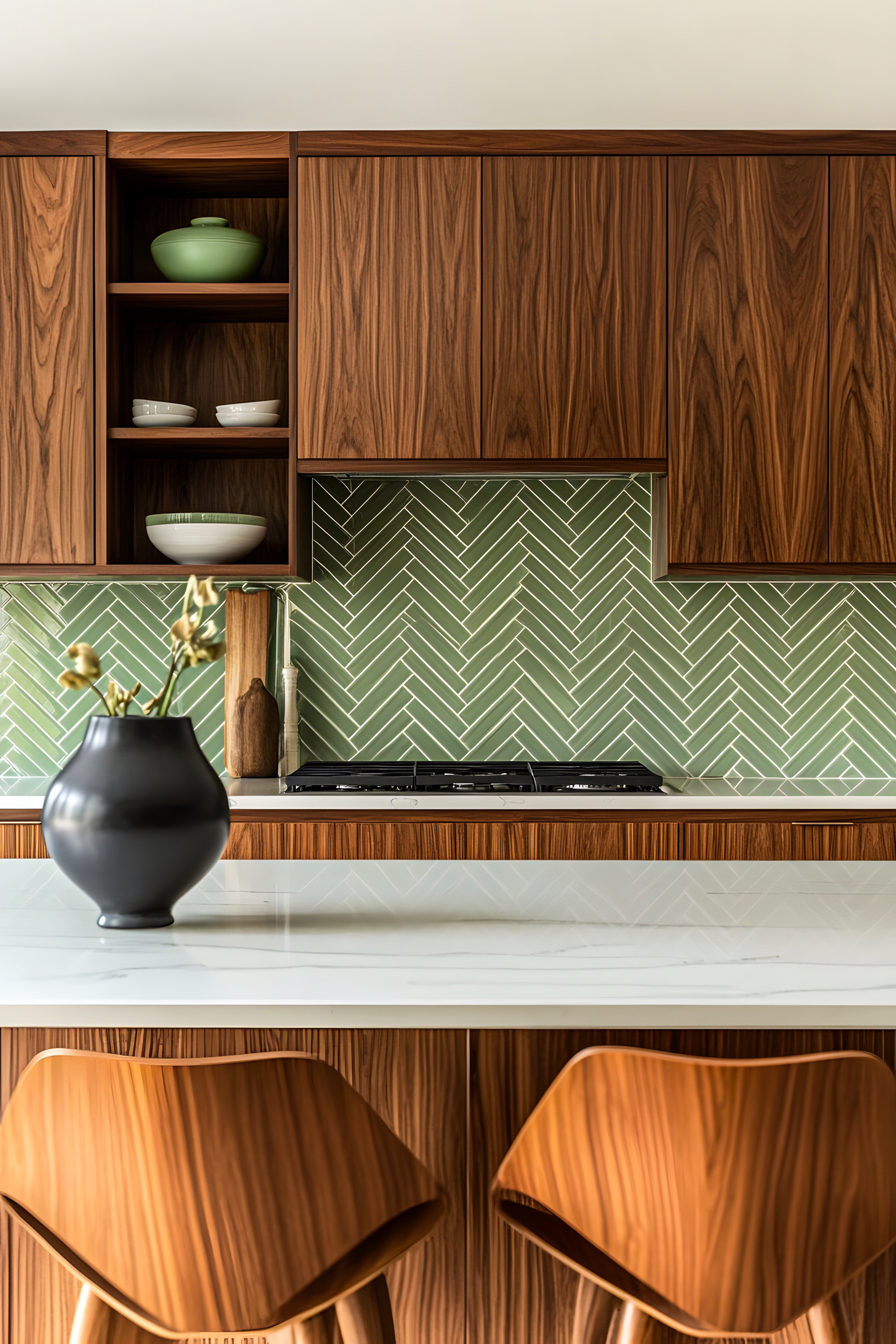 Chic Kitchen with Walnut Cabinets and Herringbone Tile Backsplash | Material Depot