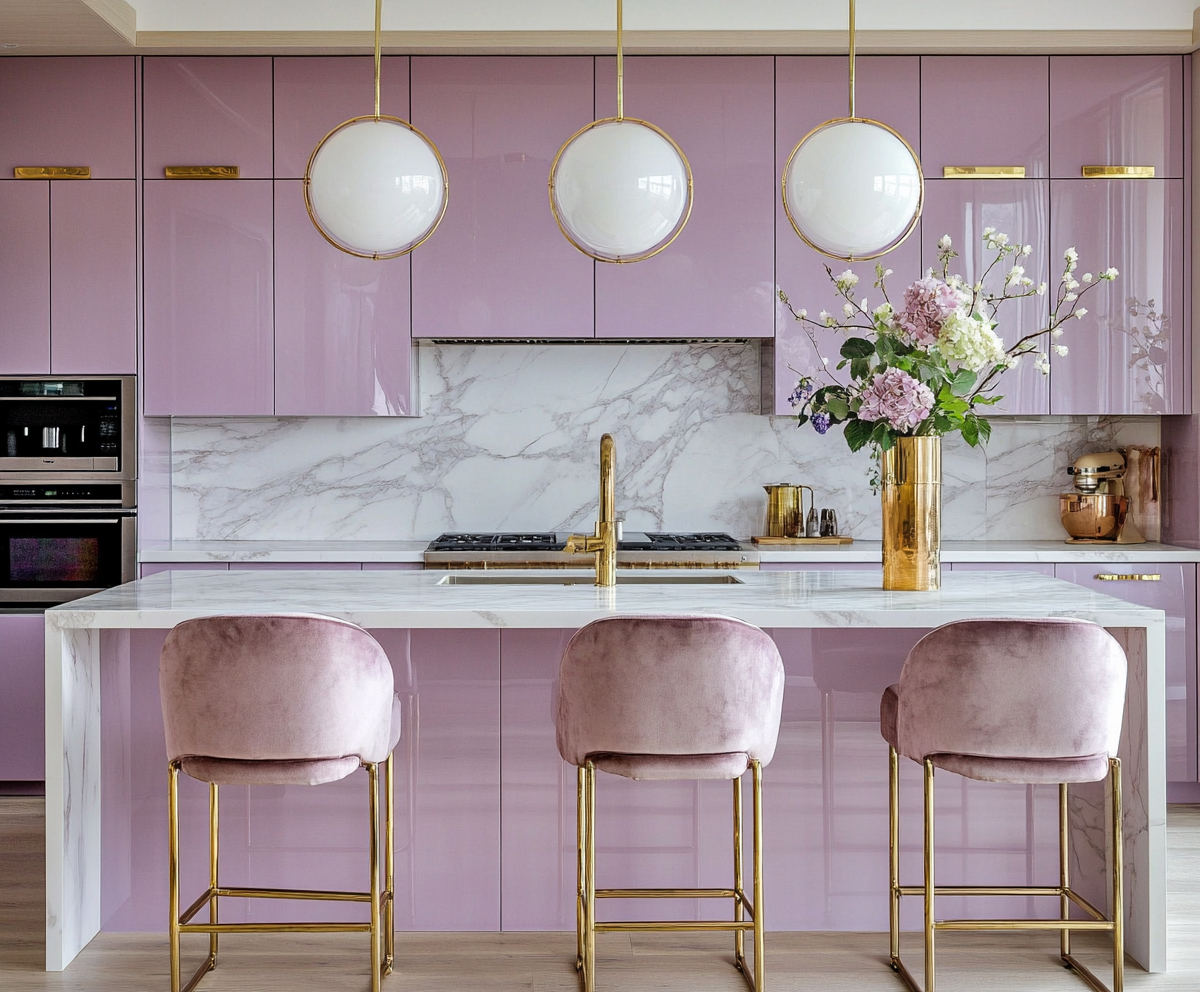 Chic Lavender Kitchen with Marble Island and Elegant Gold Details | Material Depot