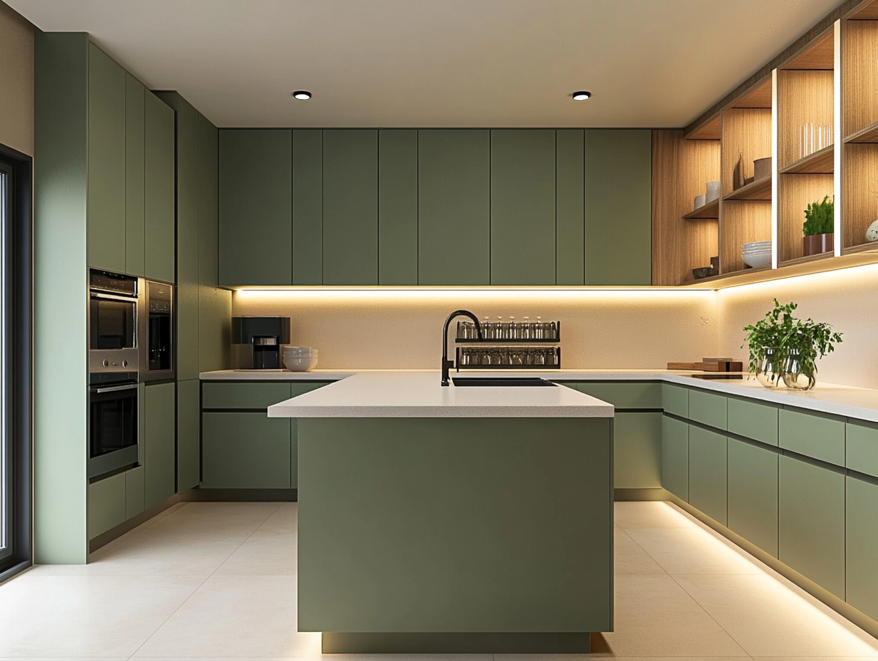 Chic Modern Kitchen in Green with Open Shelving | Material Depot