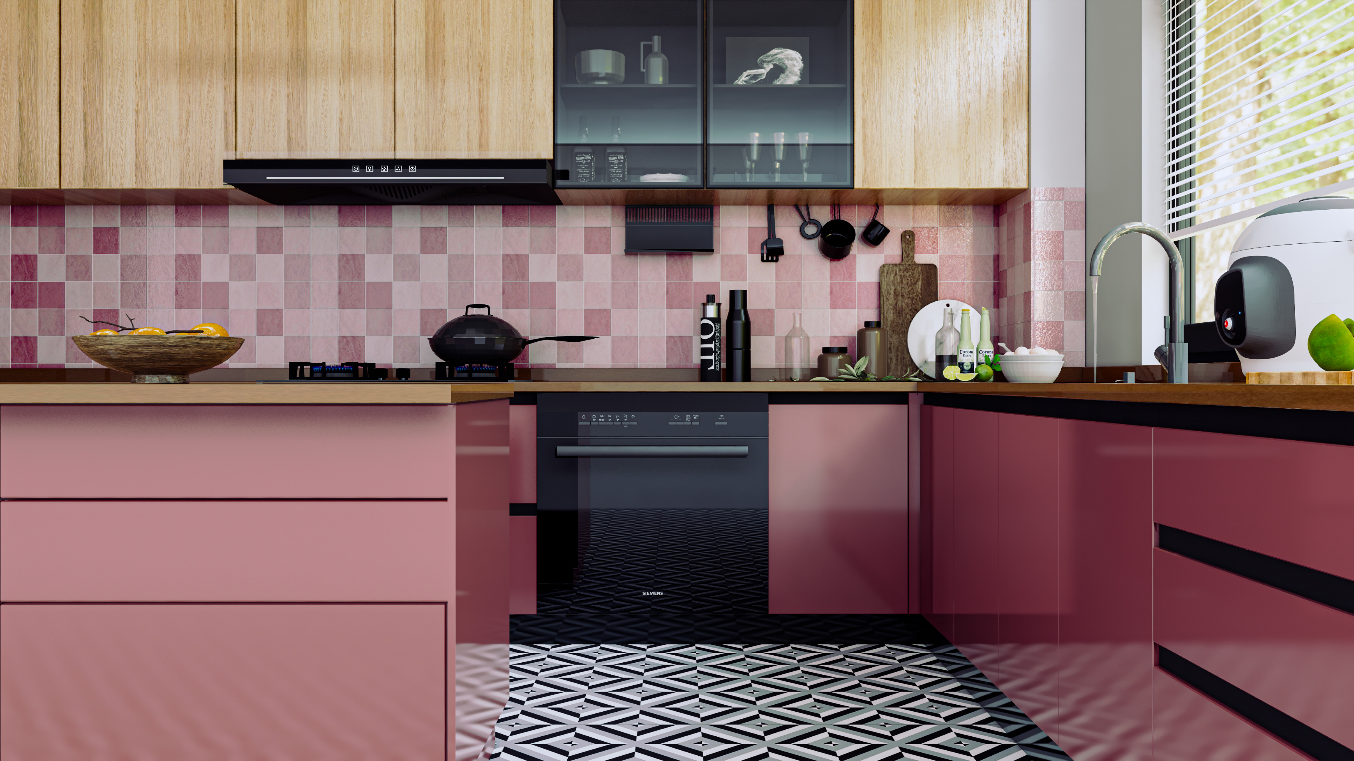 Chic Pink Kitchen with Geometric Flooring | Material Depot