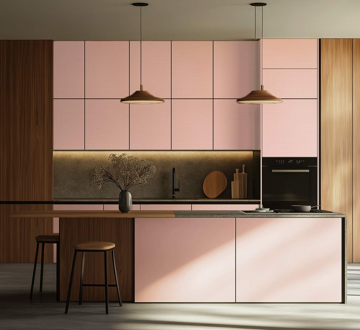 Chic Pink and Wood Laminate Kitchen with Modern Minimalist Aesthetics | Material Depot