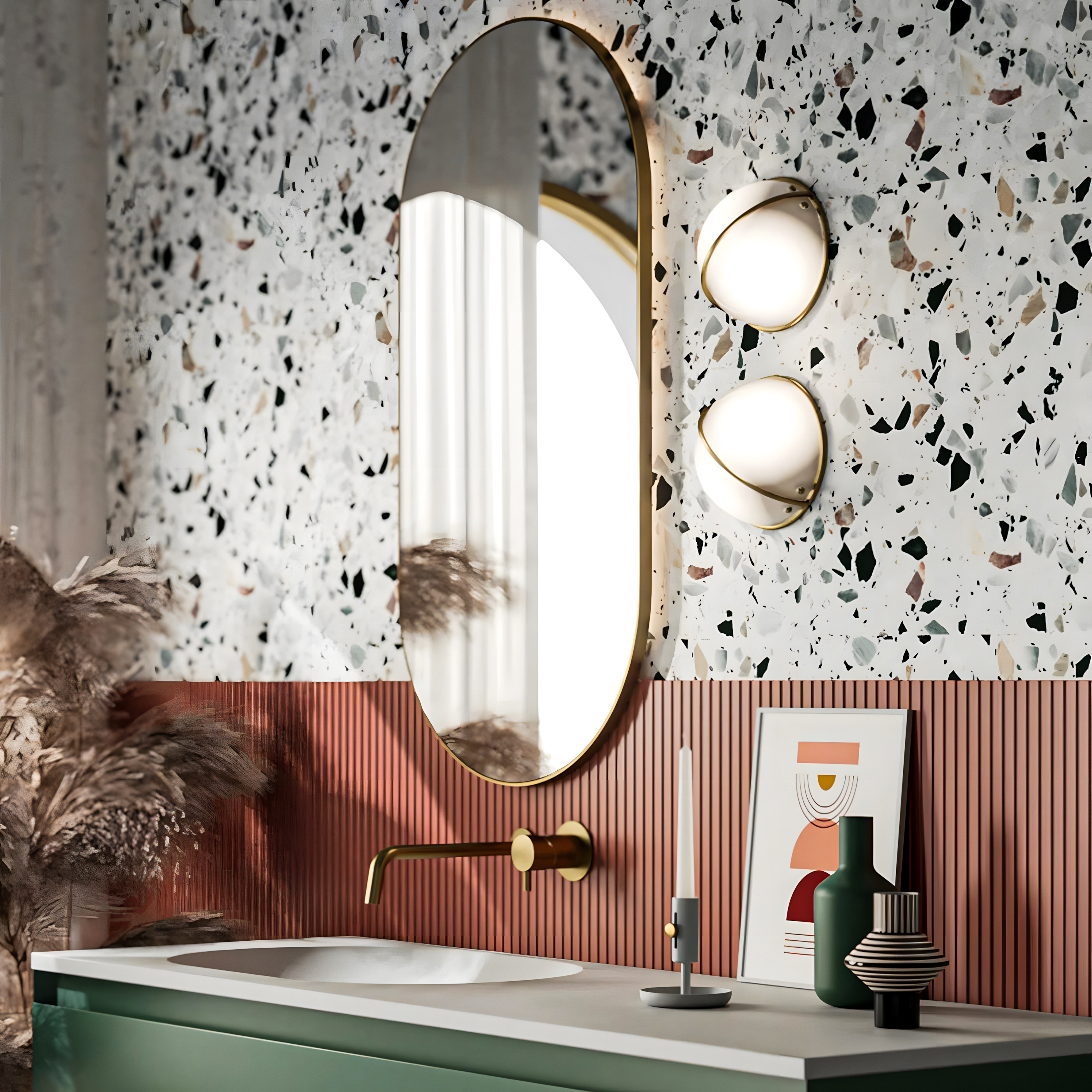 Chic Powder Room Featuring Mint and Coral with Terrazzo Charm | Material Depot