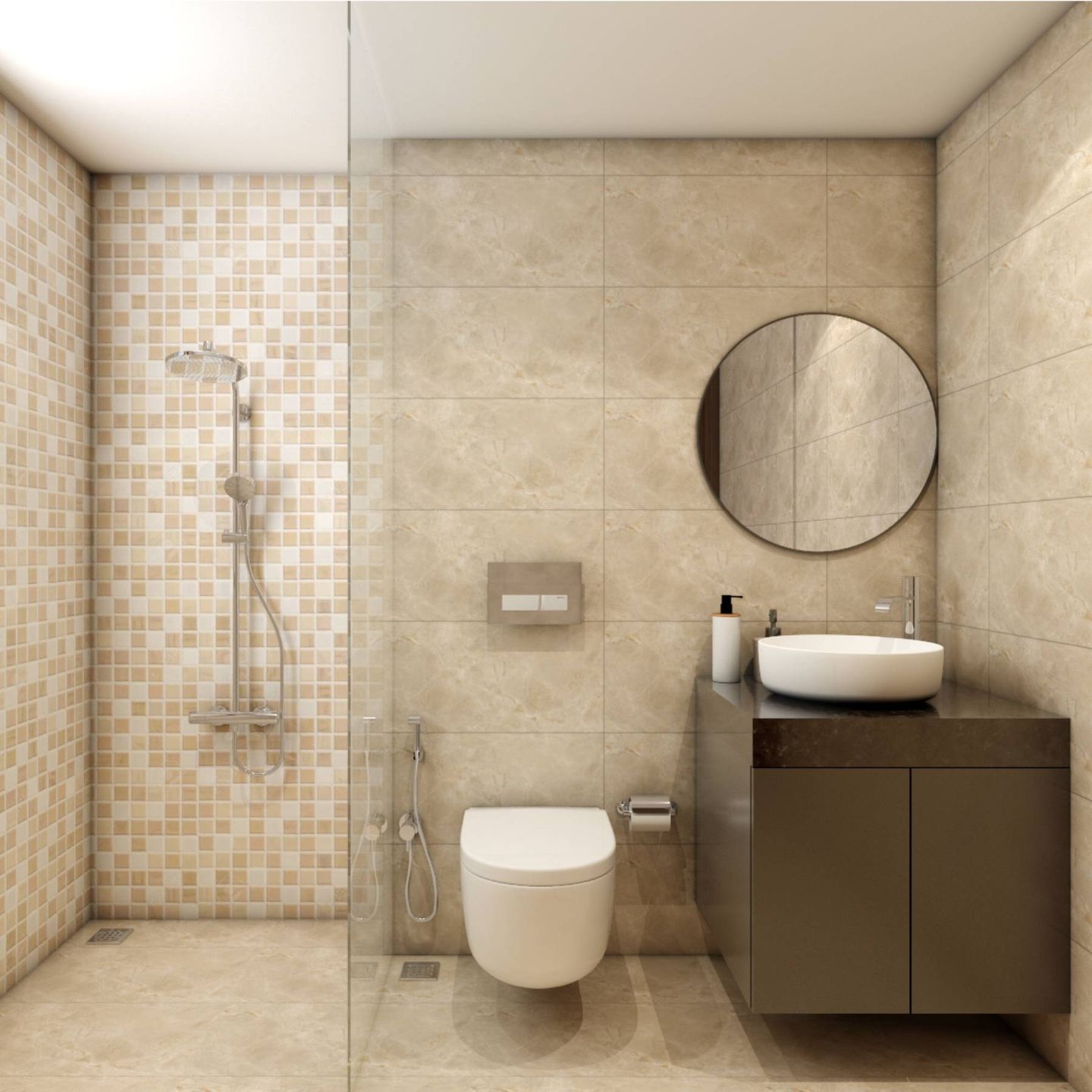 Minimalist bathroom with tiny square tiles, circular mirror, and dim lighting, embodying chic and subtle elegance.