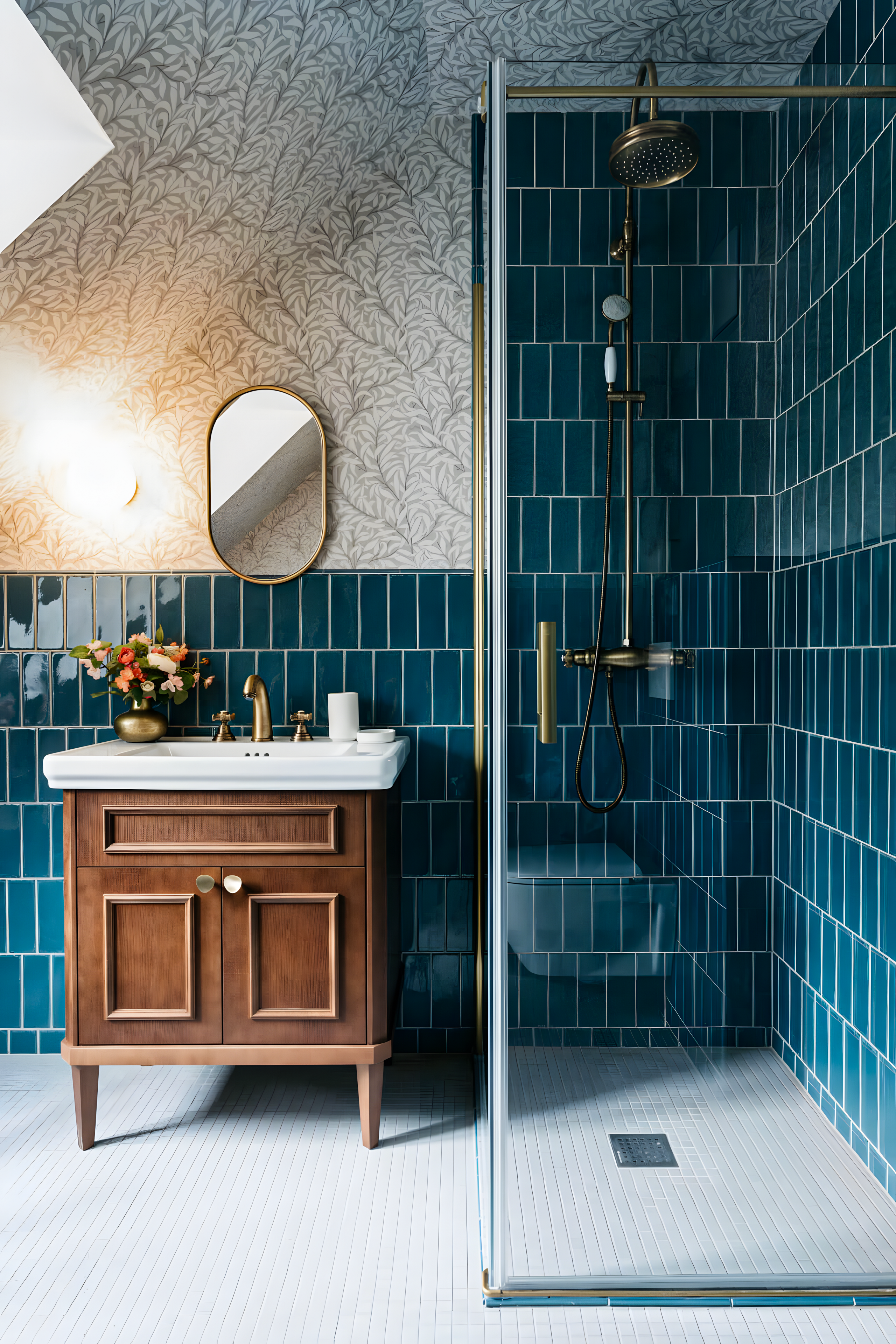 Classic Bathroom with Blue Subway Tiles and Floral Wallpaper | Material Depot