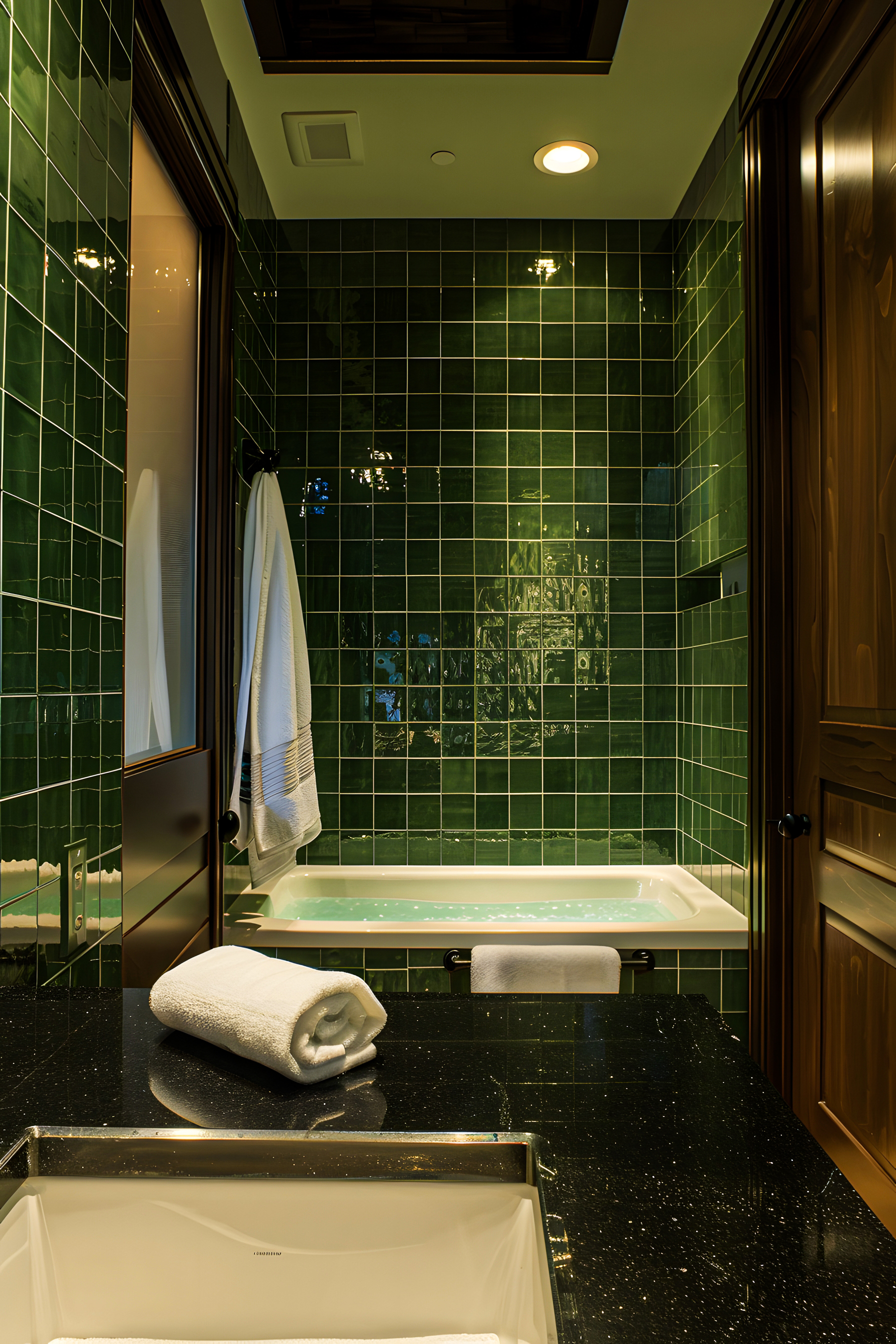 Classic Elegance in a Jade Green Tiled Bathroom with Rich Wooden Accents | Material Depot