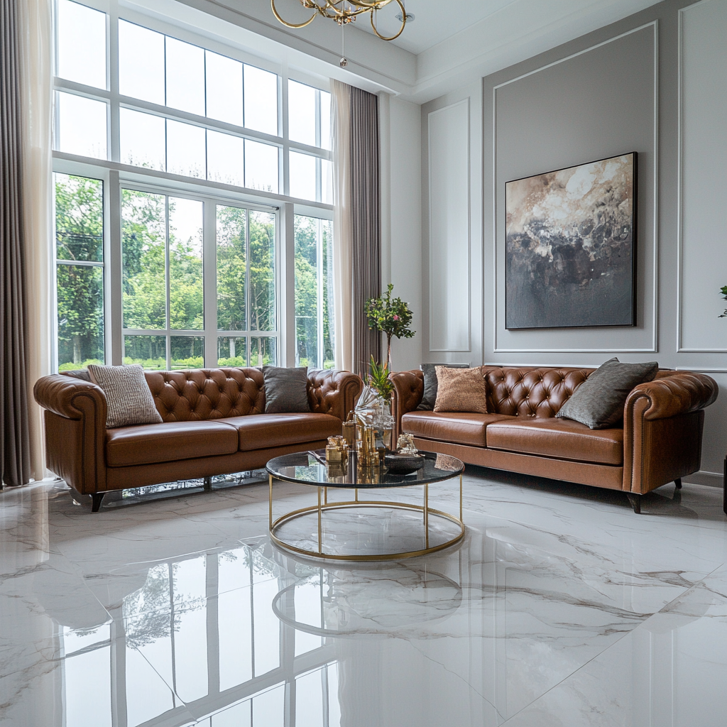 Classic Living Room with Leather Sofas and Large Windows | Material Depot