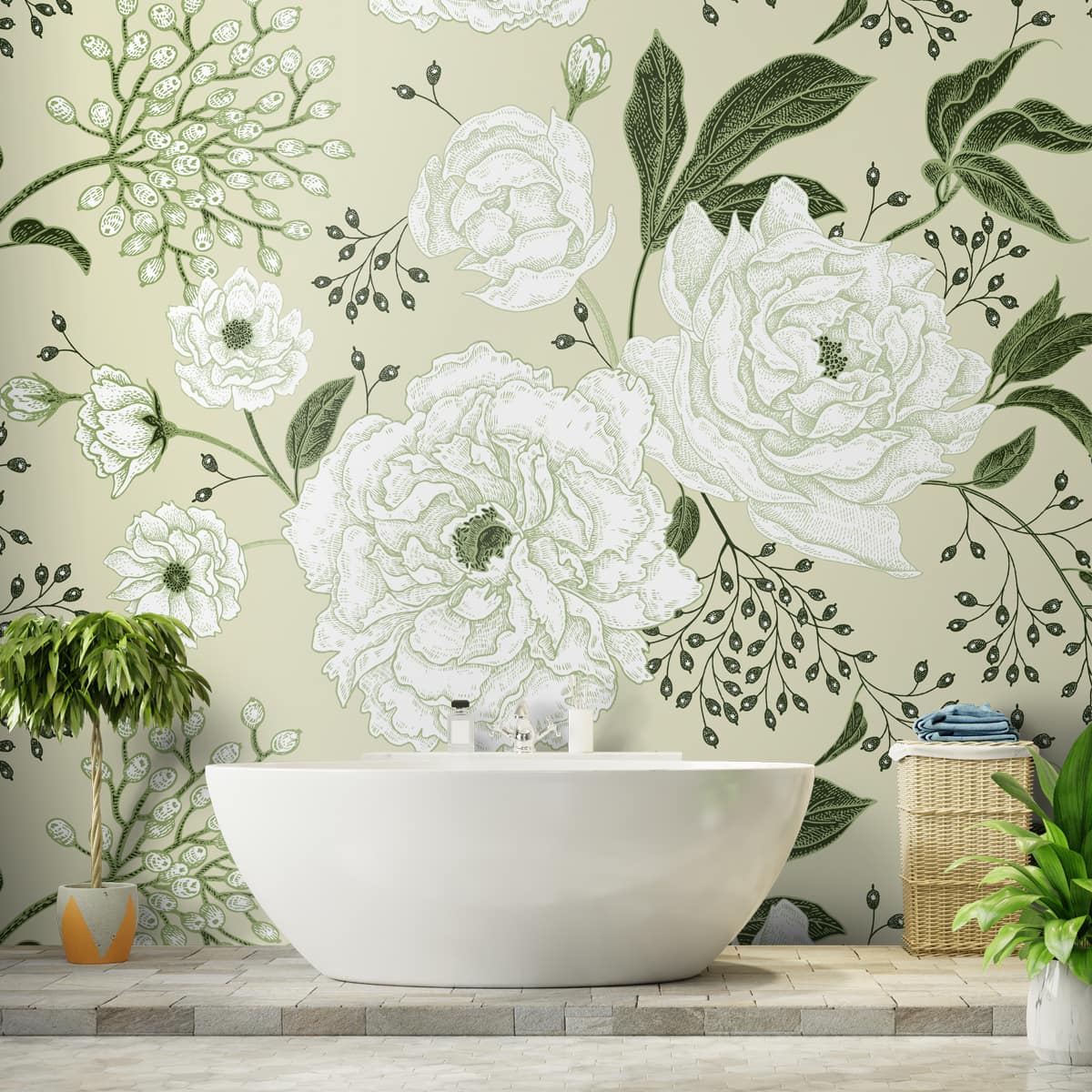 A close-up of a White and Green Vintage Floral Wallpaper, Customised Sparkla N Shine Series Florals Design (Customised Size Wallpaper) with a finish available at Material Depot in Bangalore