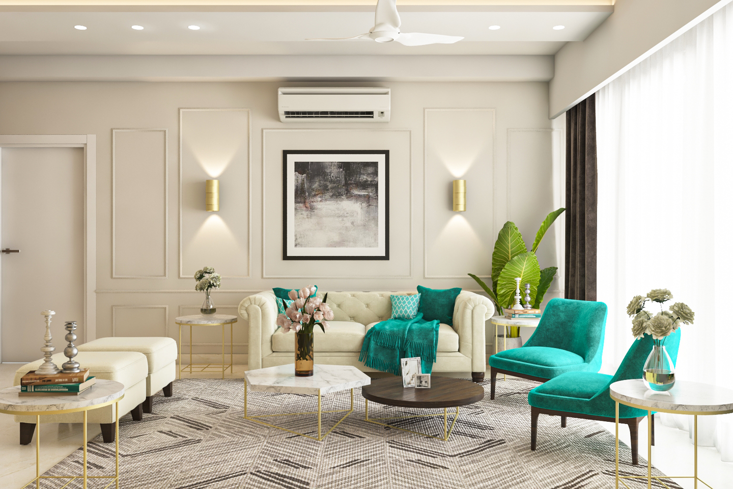 Elegant classic white living room with turquoise blue accents and stylish design."