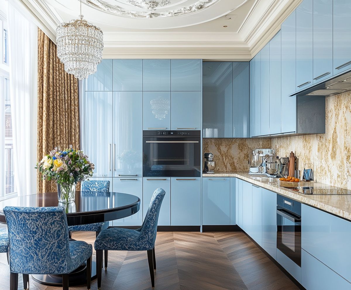 Classical Blue Kitchen with Elegant Marble Accents and Grand Dining Area | Material Depot