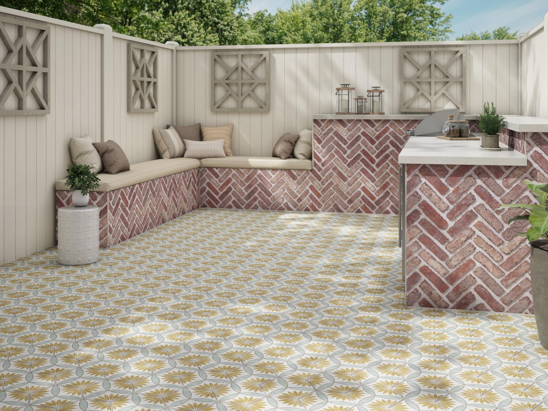 Outdoor place with patterned floor tiles and stone wall tiles