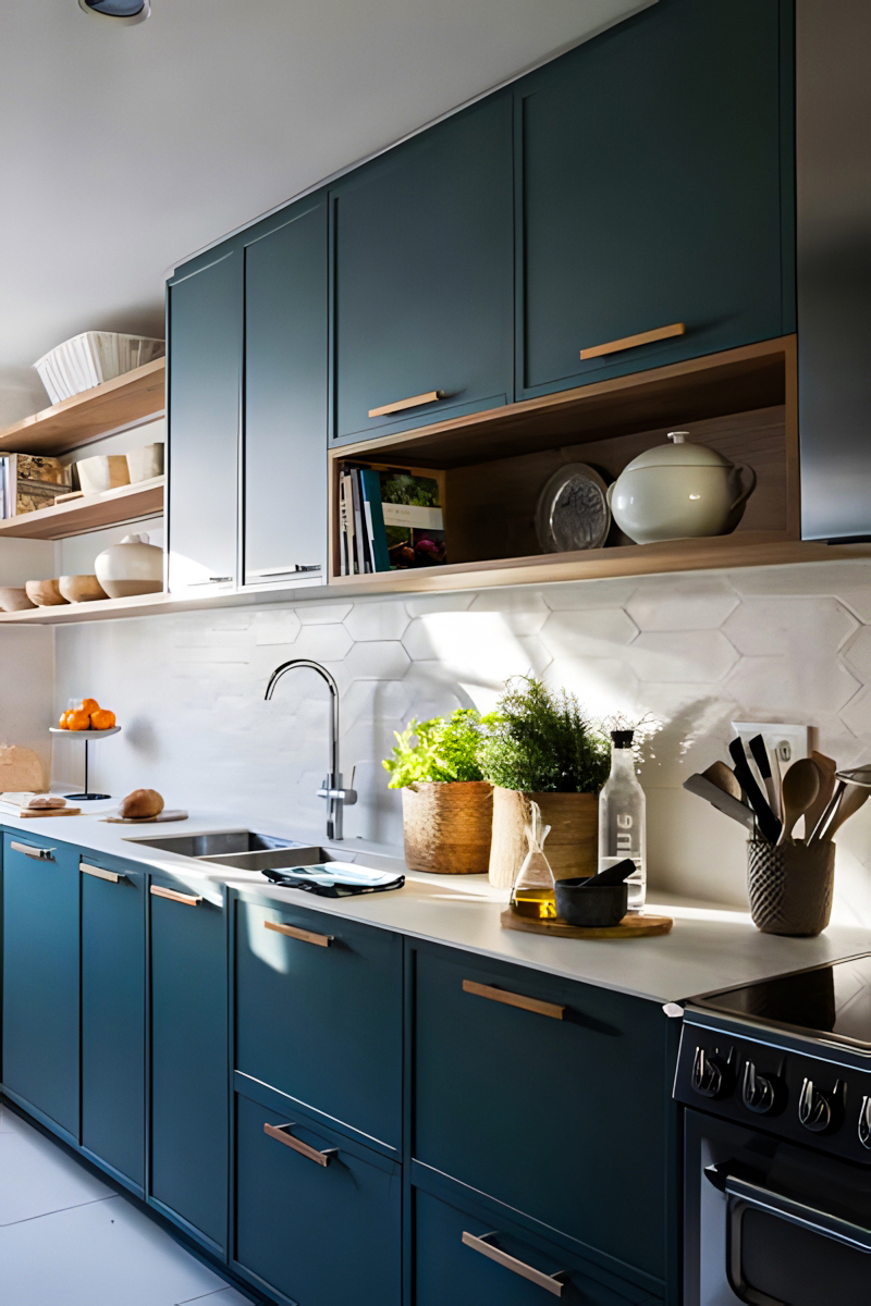 Coastal Charm: Teal Cabinets and Hexagonal Tiles Blend in a Refreshing Kitchen Design | Material Depot