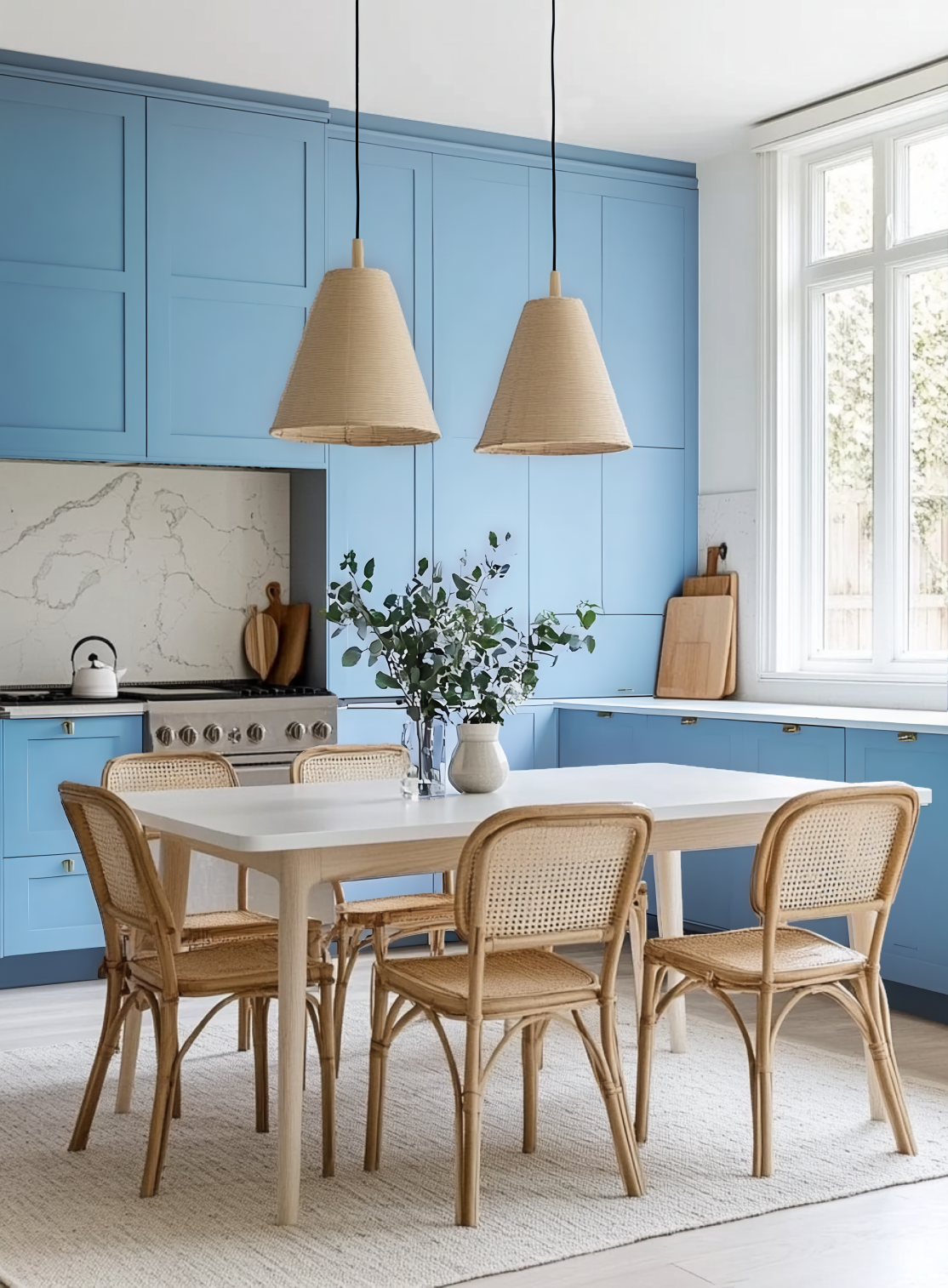 Dark Blue Modern Kitchen with Wooden Cabinets and Patterned Flooring | Material Depot