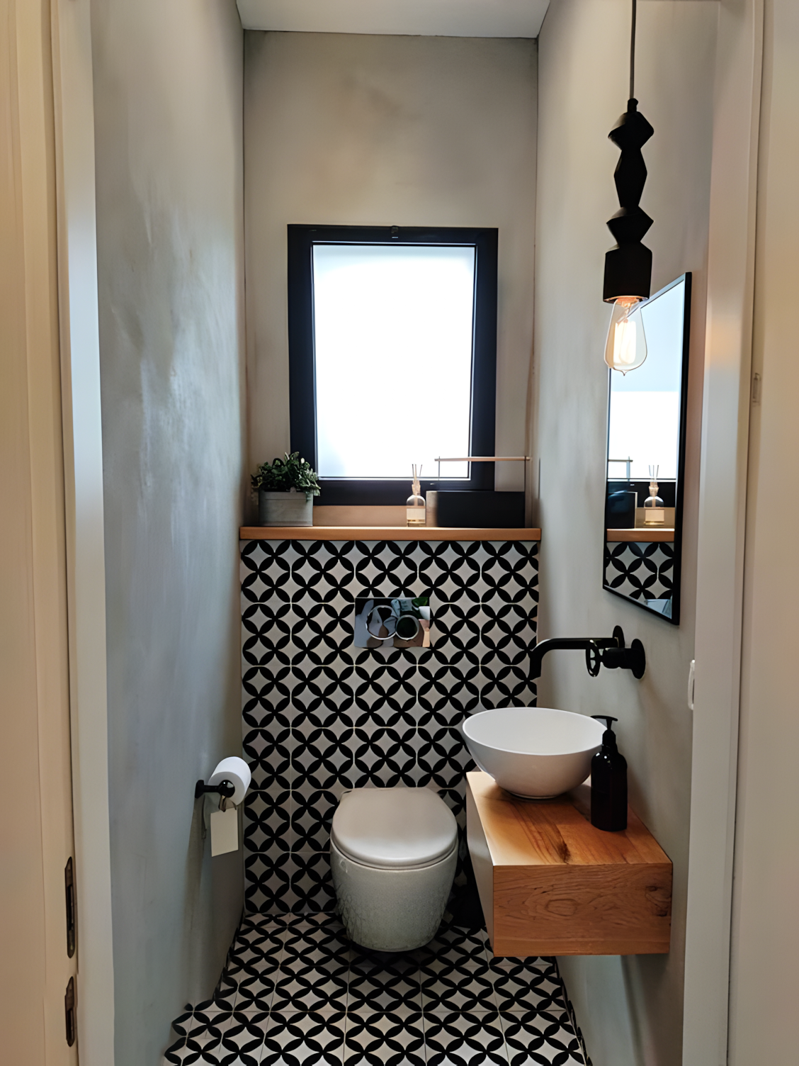 Common Bathroom with Black and White Accents | Material Depot