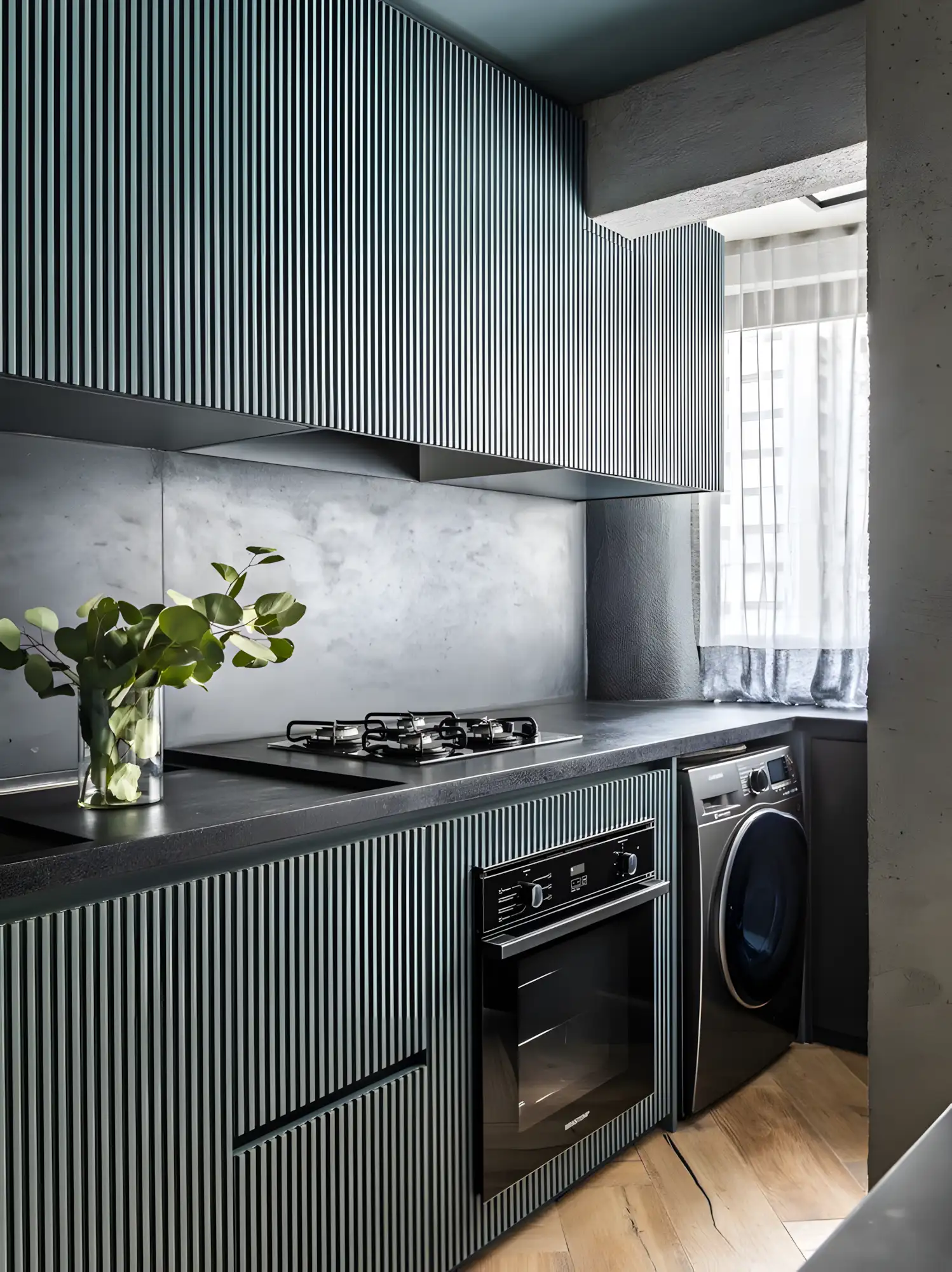 Compact Modern Kitchen with Fluted Cabinetry and Dark Tones | Material Depot