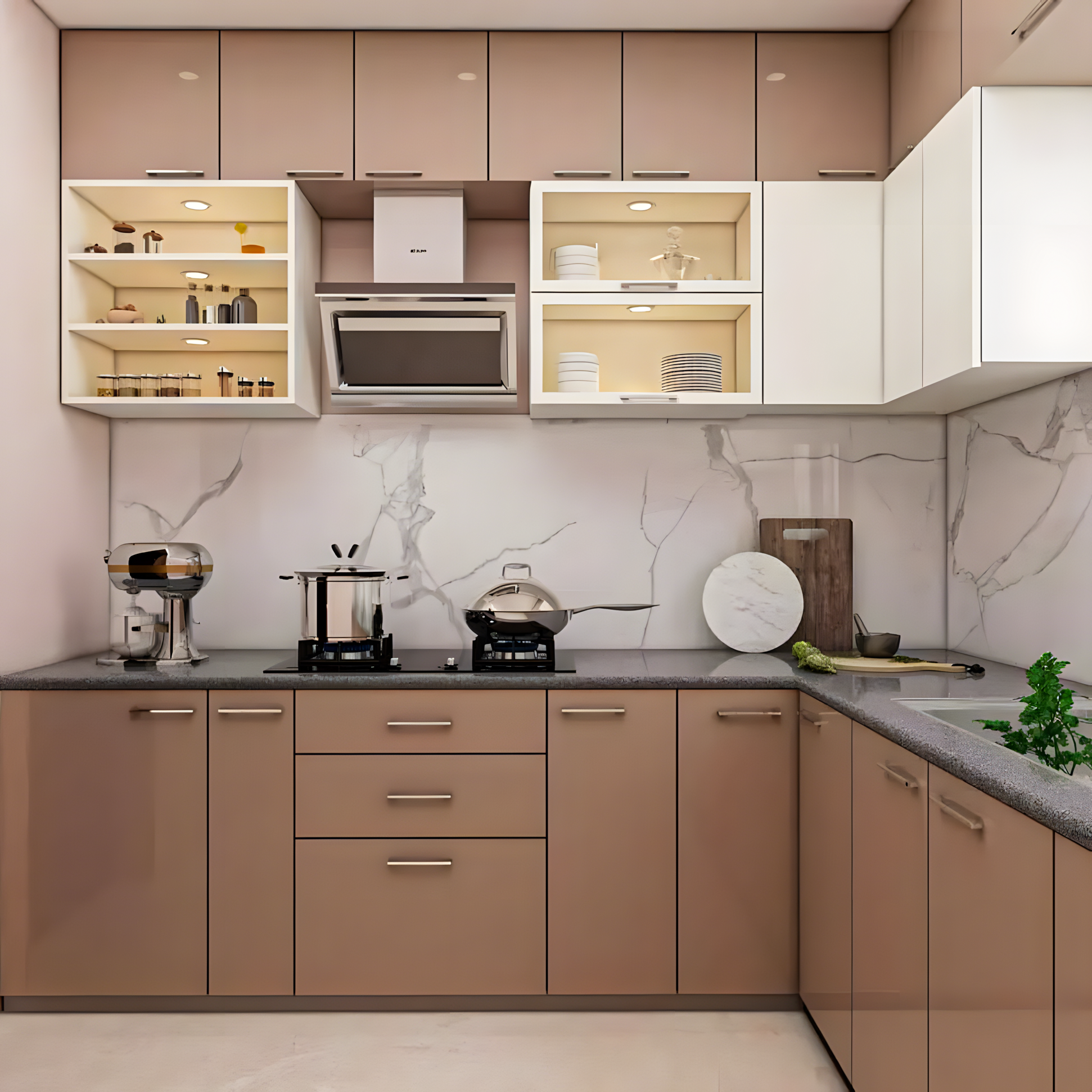 Compact Modern Kitchen with Soft Beige and Cappuccino Tones and Open Shelving Display | Material Depot