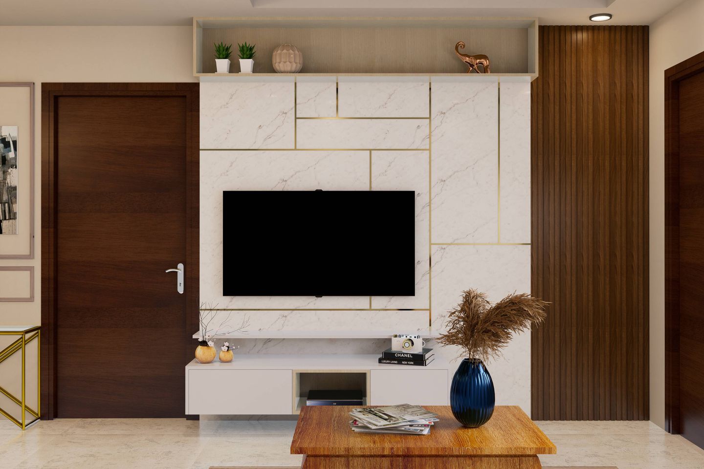 Sleek white TV unit with marble backsplash.