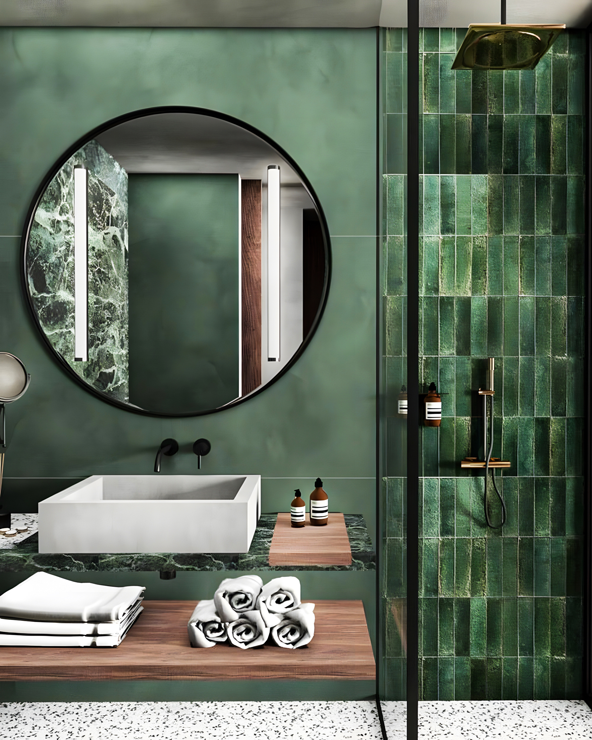 Contemporary Bathroom Design with Elegant Green Tiles and Minimalist Features | Material Depot