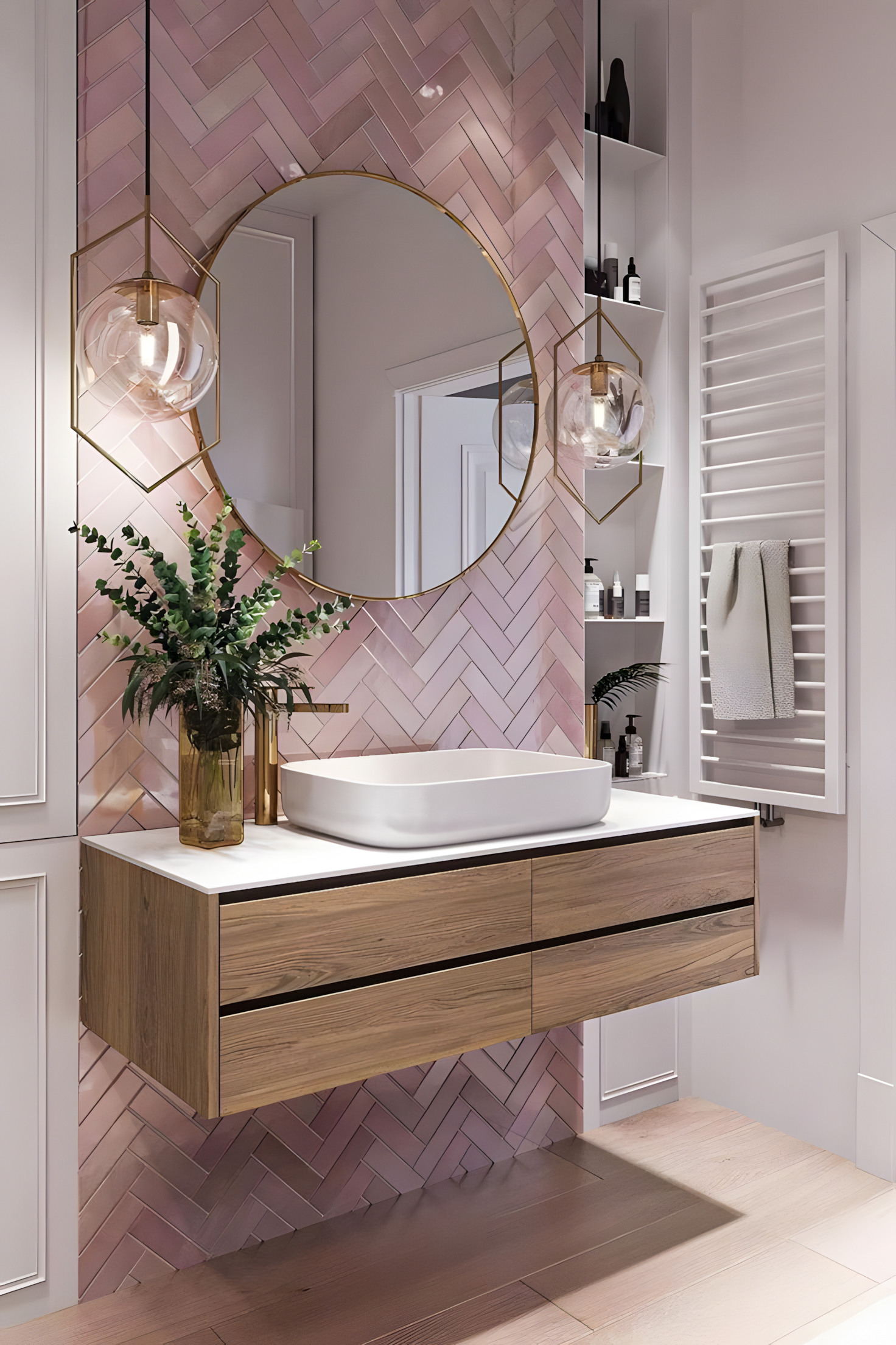 Contemporary Bathroom Vanity with Pink Herringbone Tiles | Material Depot