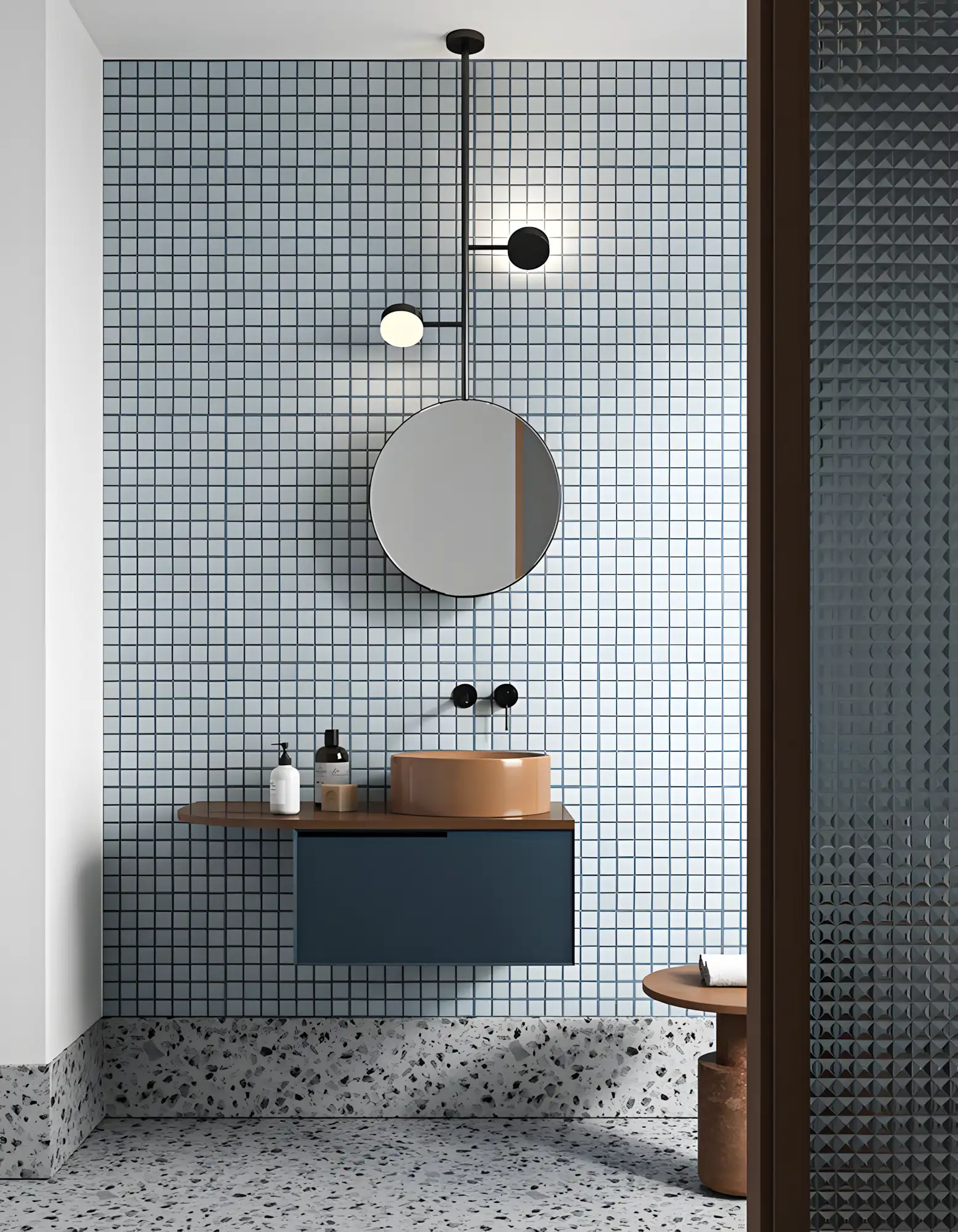 Contemporary Bathroom with Blue Grid Tiling and Terrazzo Flooring | Material Depot