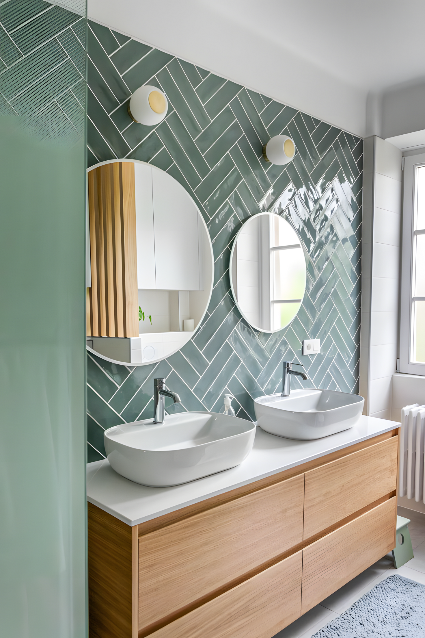 Contemporary Bathroom with Double Vanity and Green Herringbone Tiles | Material Depot