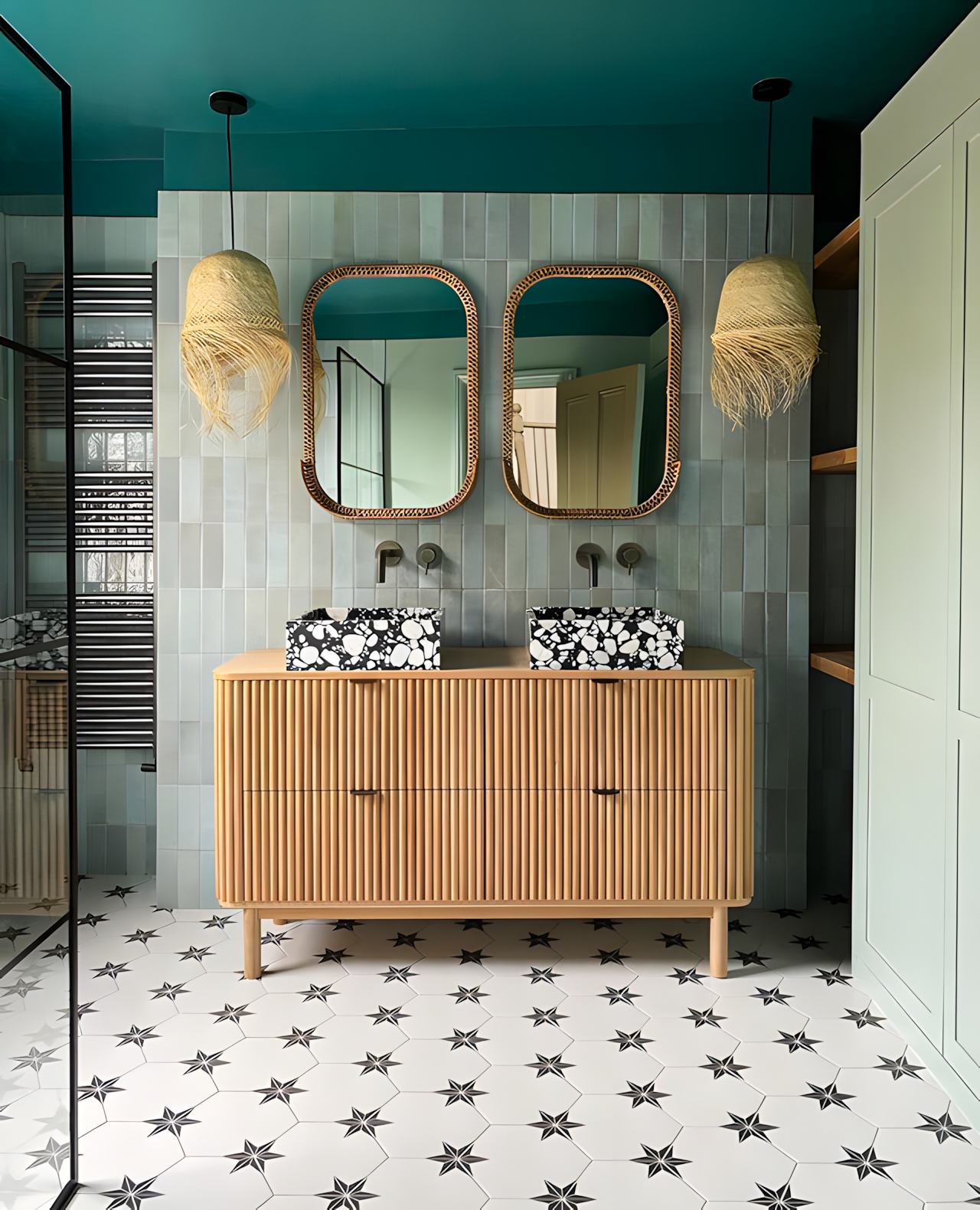 Contemporary Bathroom with Dual Sinks and Geometric Tiles | Material Depot