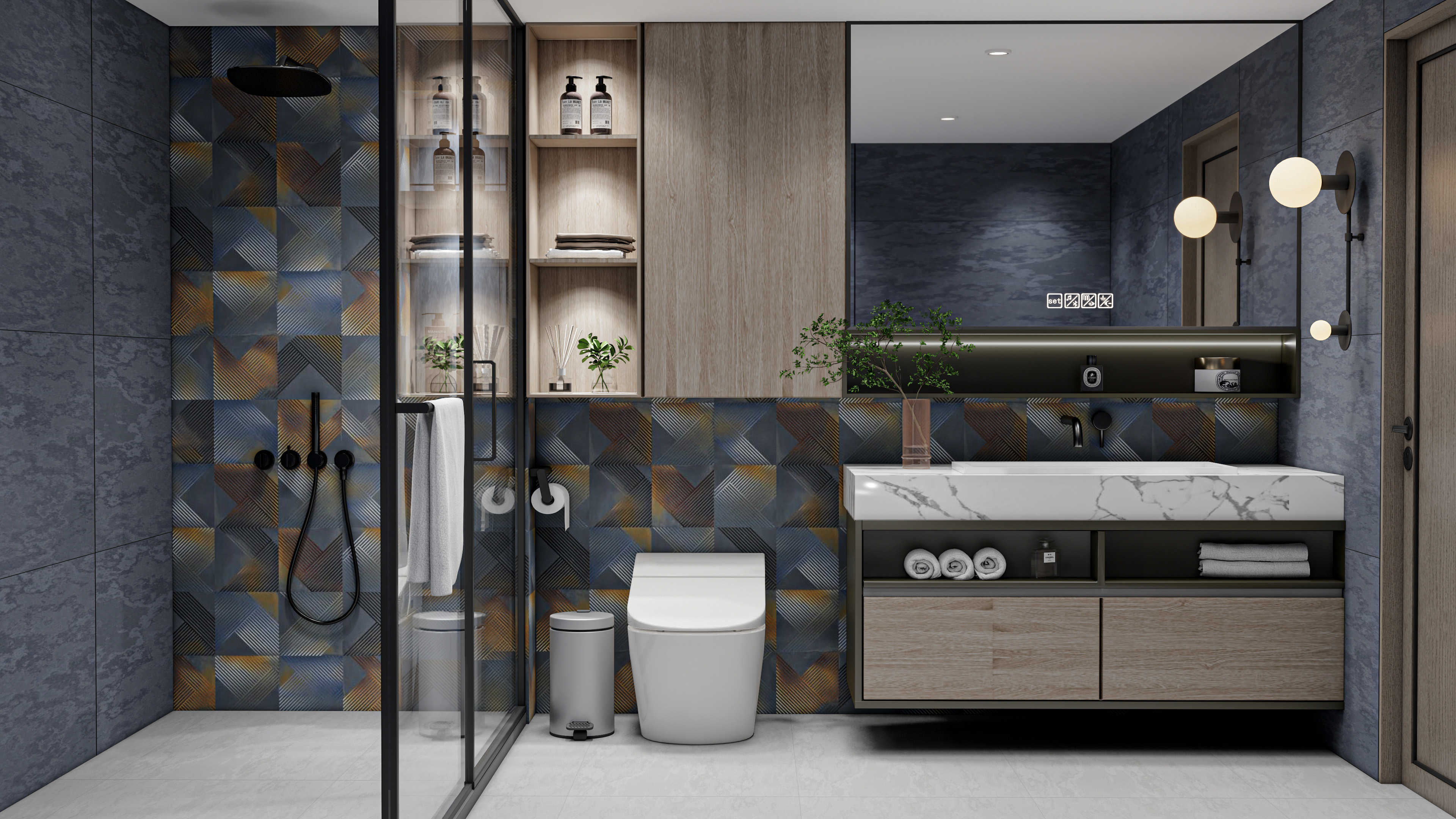 Contemporary Bathroom with Geometric Accent Tiles | Material Depot