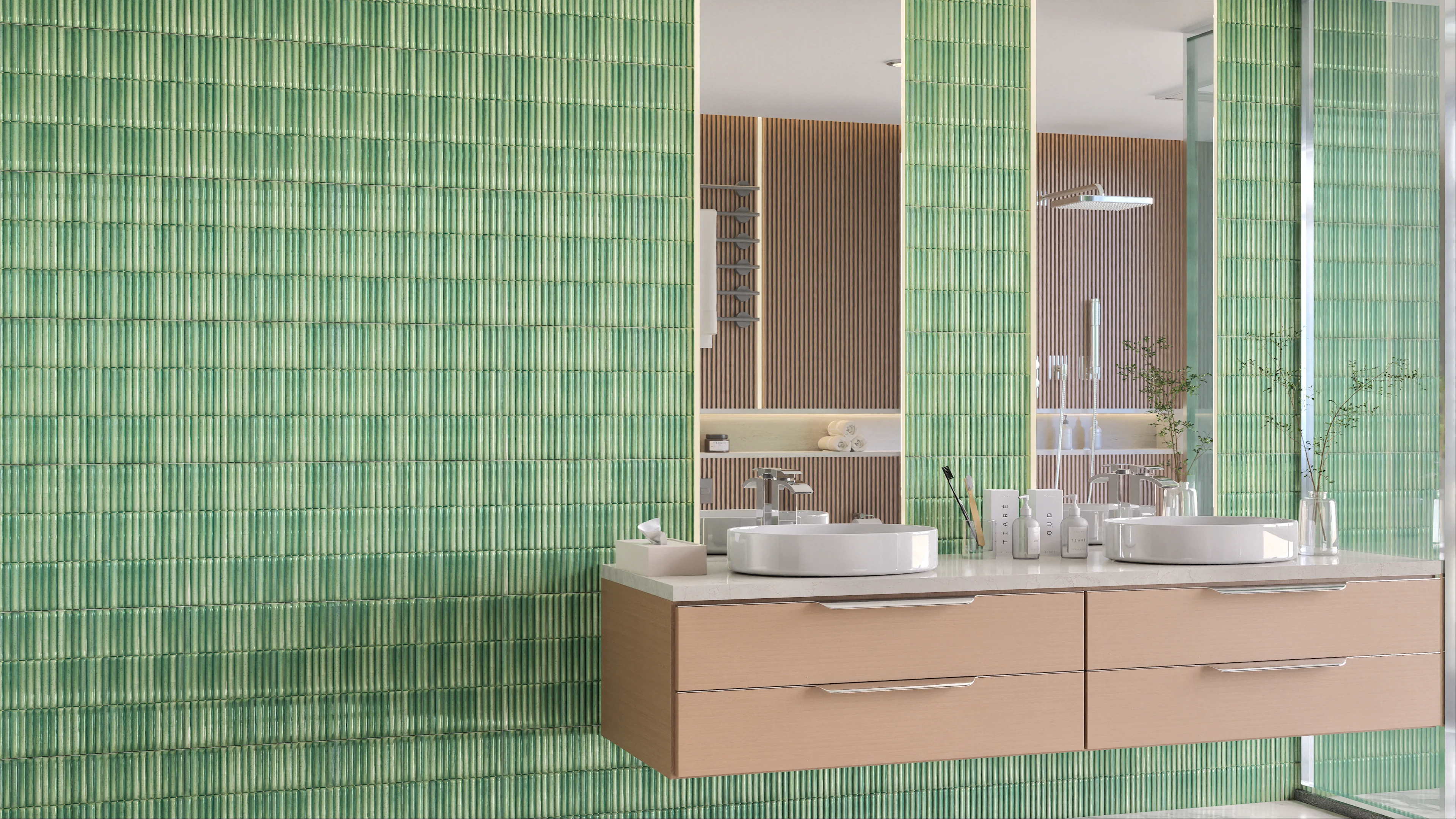 Contemporary Bathroom with Green Textured Tiles and Dual Vanity | Material Depot