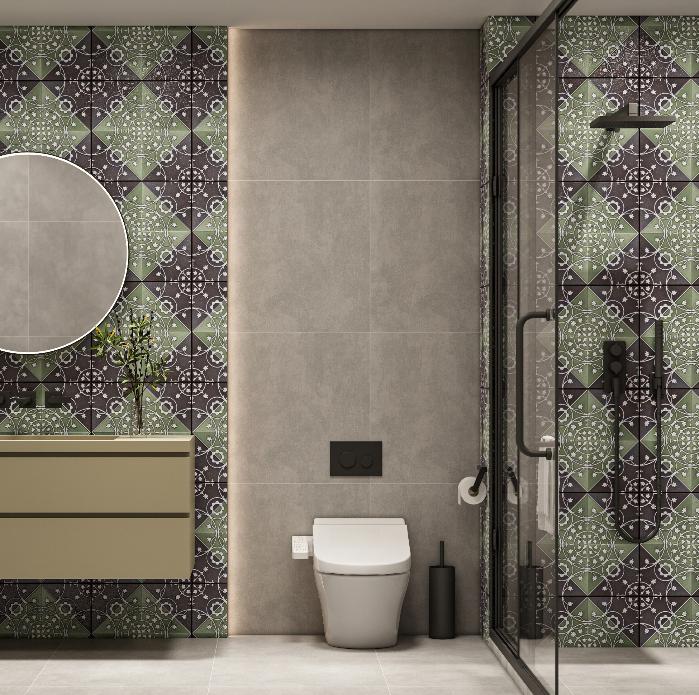 Contemporary Bathroom with Handcrafted Patterned Tiles and Neutral Accents | Material Depot