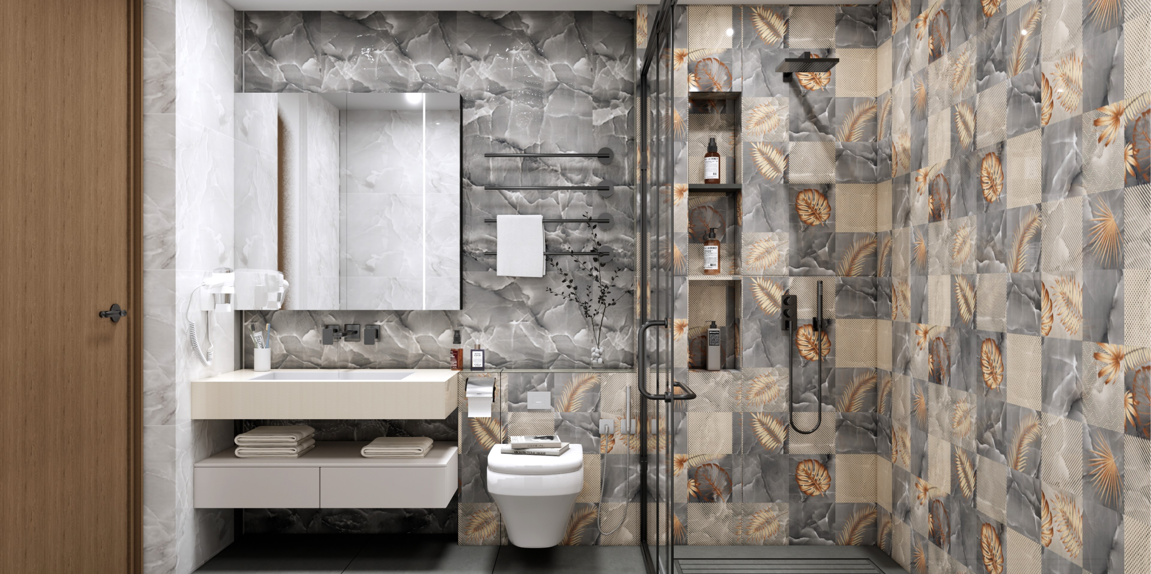 Contemporary Bathroom with Marble Finish and Tropical Patterned Tiles | Material Depot