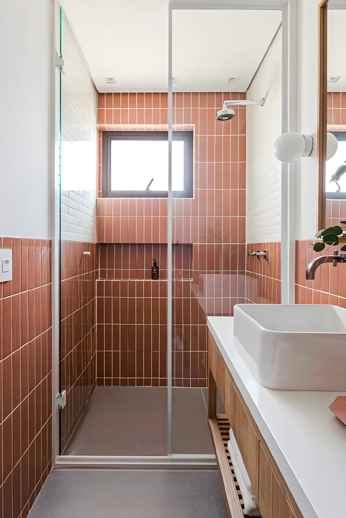 Contemporary Bathroom With Red Subway Tiles With Wooden Laminates | Material Depot