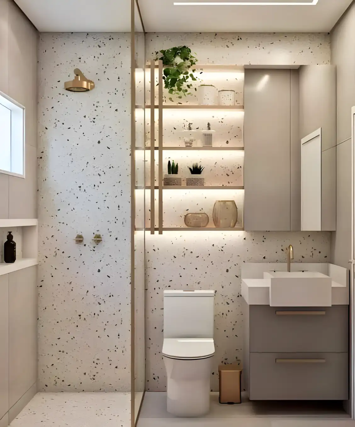 Contemporary Bathroom with Terrazzo Accent Wall and Gold Fixtures | Material Depot