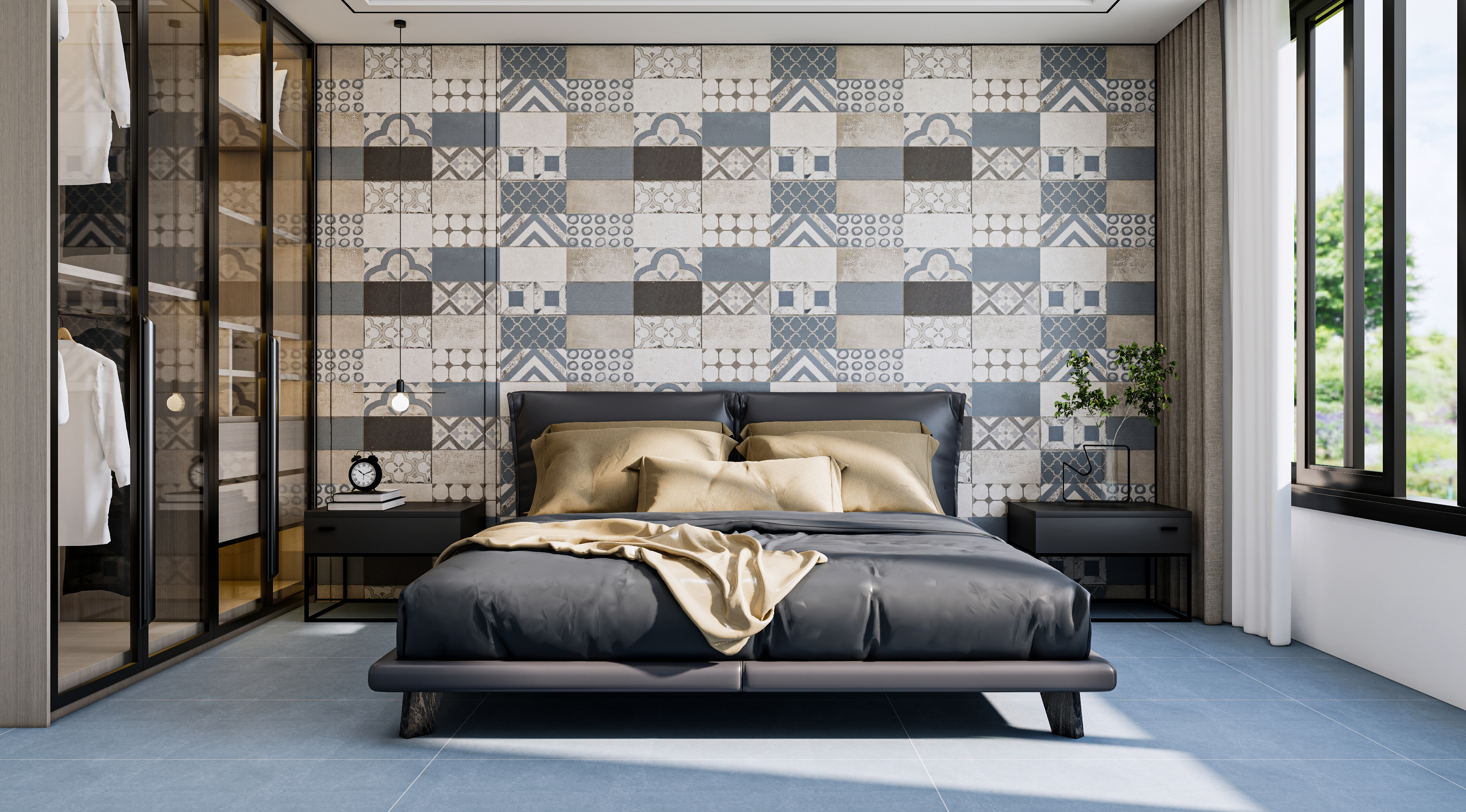 Contemporary Bedroom with Patterned Accent Wall and Blue Stone Flooring | Material Depot