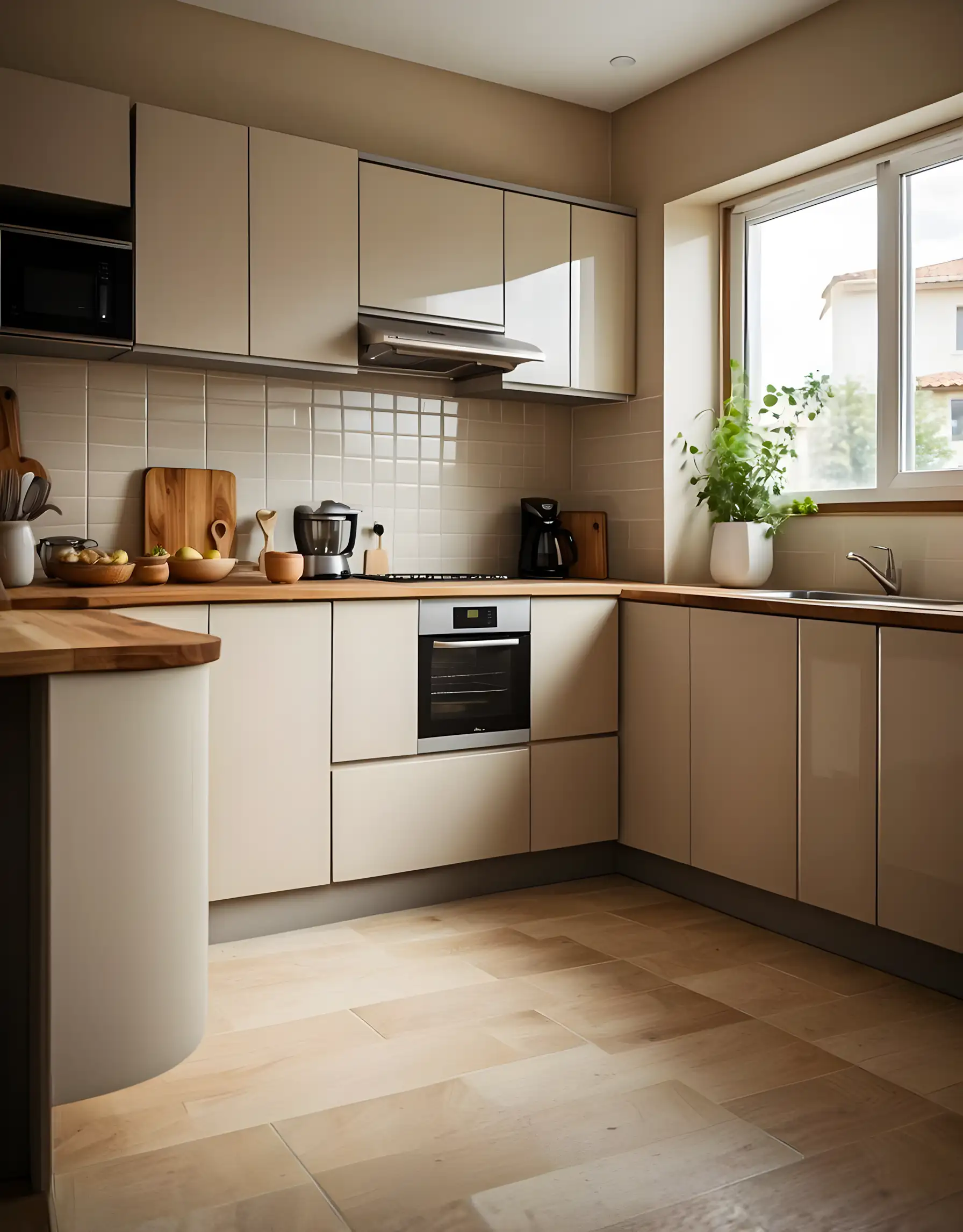 Contemporary Beige Kitchen with Light Wood Accents | Material Depot