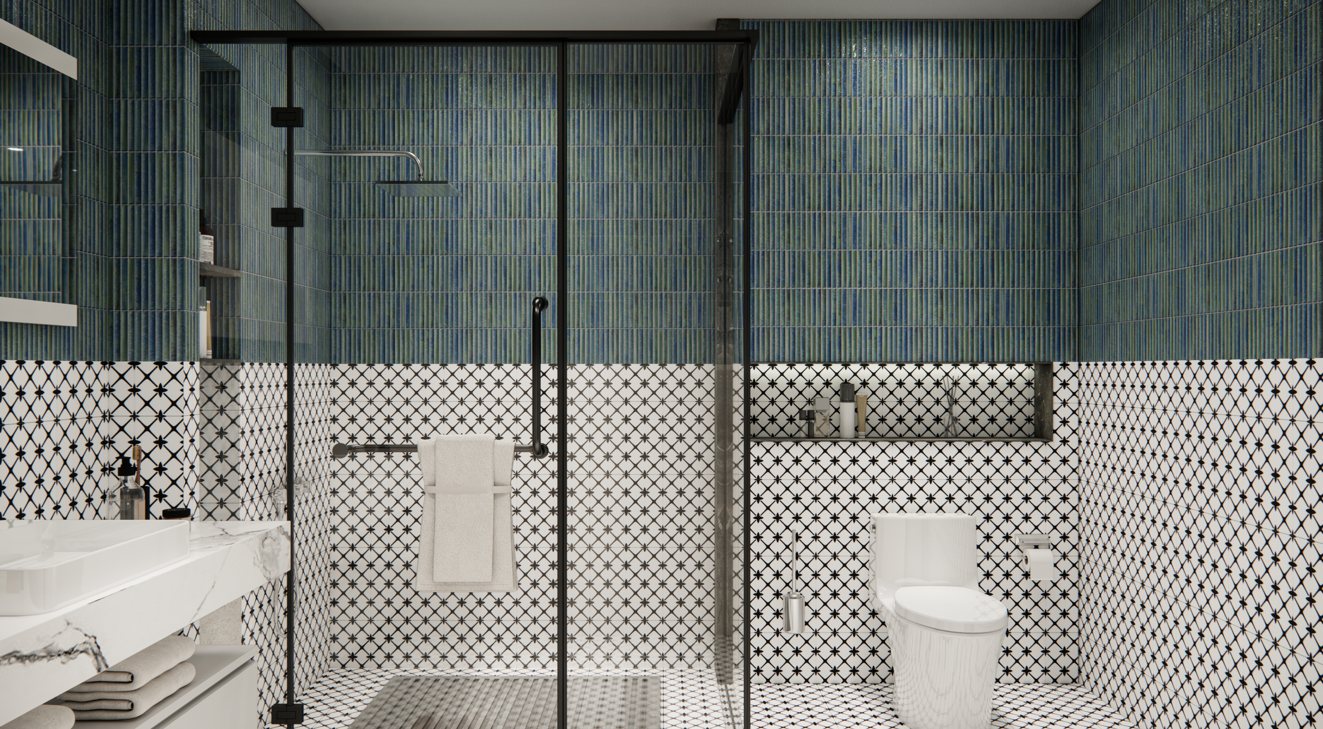 Contemporary Blue and White Bathroom with Geometric Patterns and Vertical Tiles | Material Depot