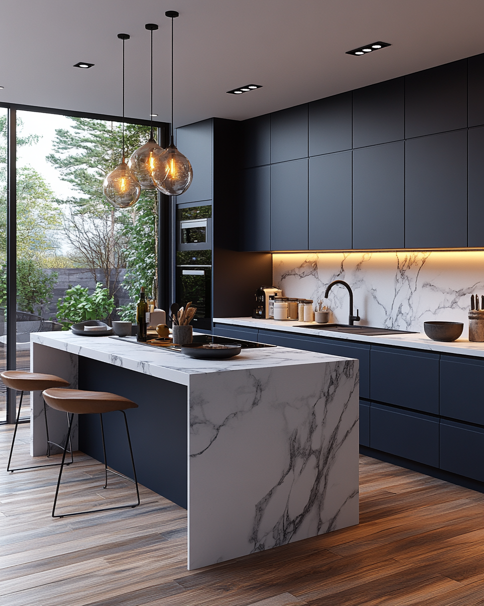 Contemporary Charm: Stylish Kitchen with Striking Marble Island and Modern Seating Arrangement | Material Depot