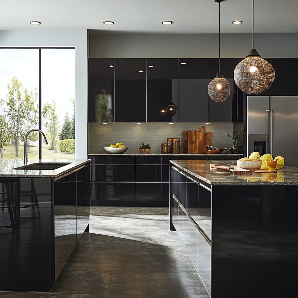 Contemporary Chic: Kitchen with Textured Pendant Lights and Reflective Countertops | Material Depot