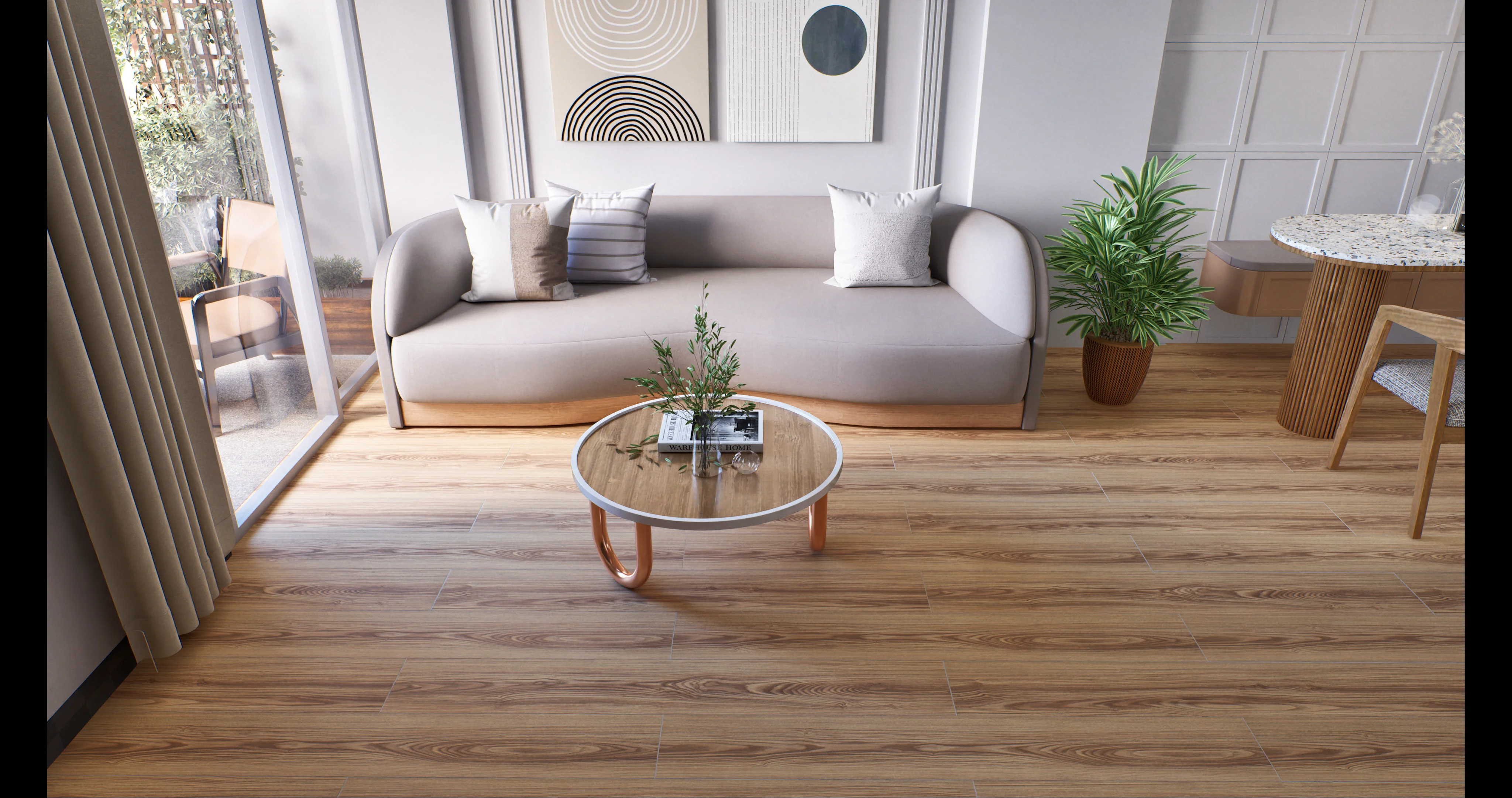 Contemporary Dining Room with Light Wood-Look Flooring | Material Depot