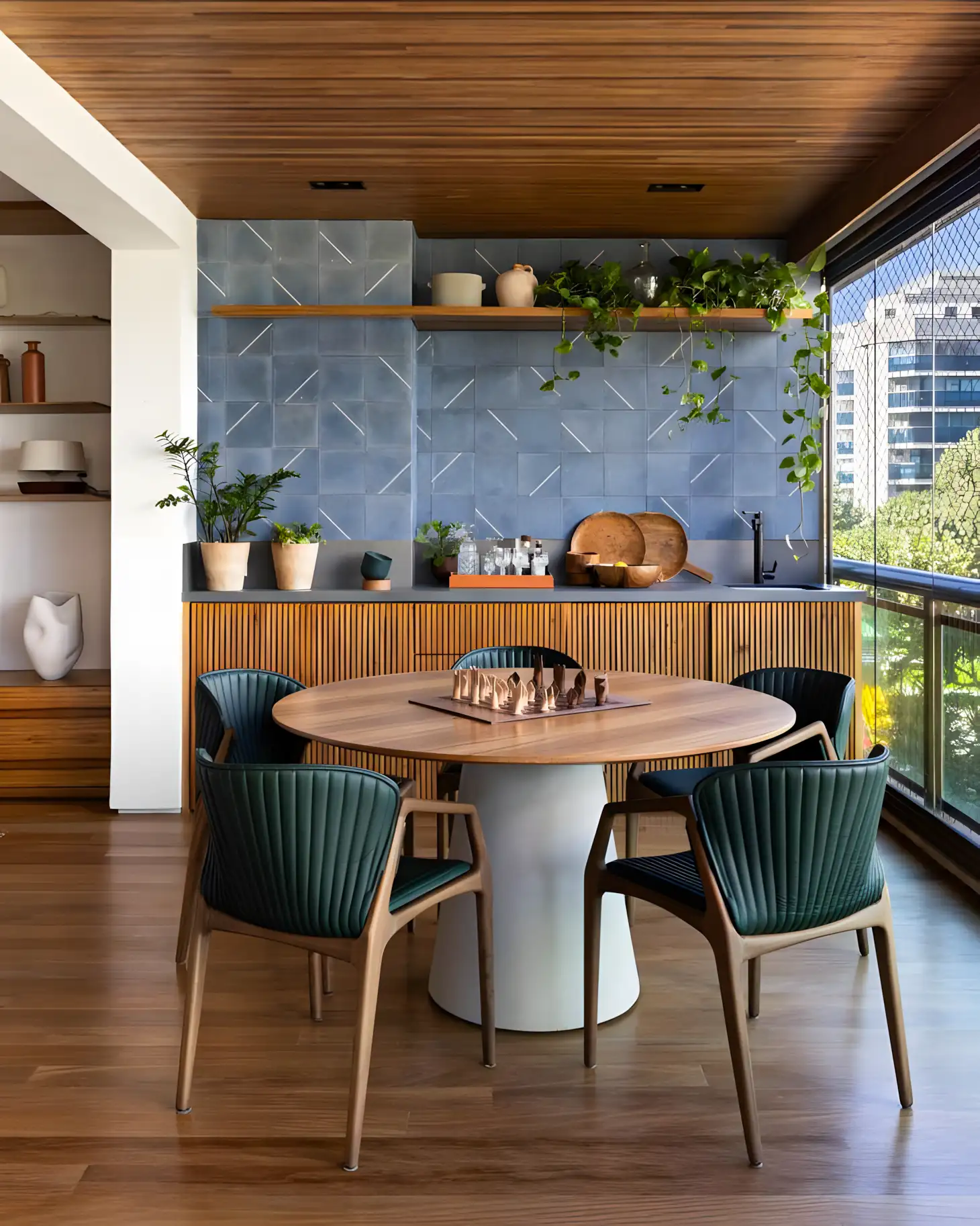 Contemporary Dining Space with Blue Tiles and Wooden Accents | Material Depot