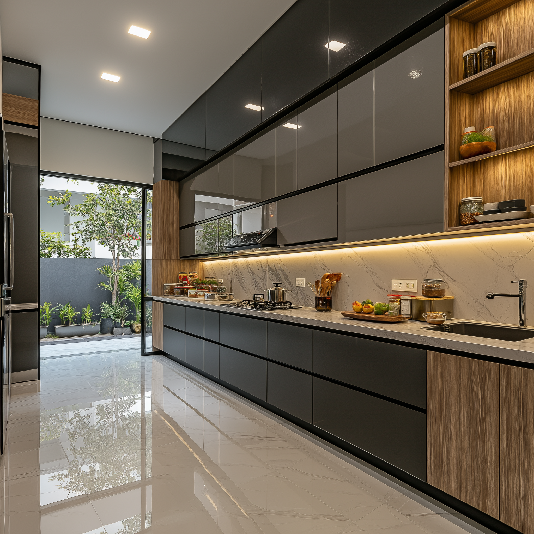 Contemporary Elegance in Kitchen Design with Open Views and High-Contrast Wood and Black Finishes | Material Depot