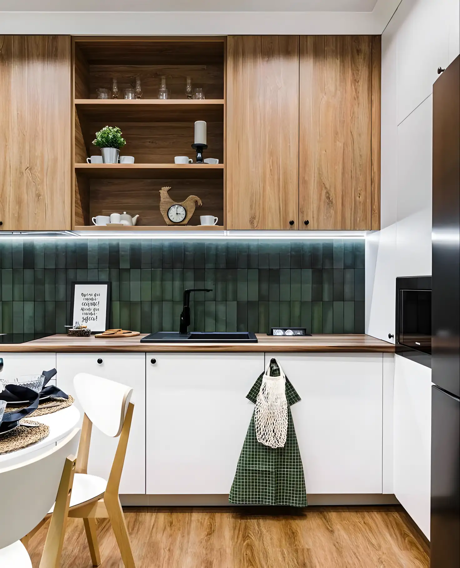 Contemporary Farmhouse Kitchen with Green Backsplash | Material Depot