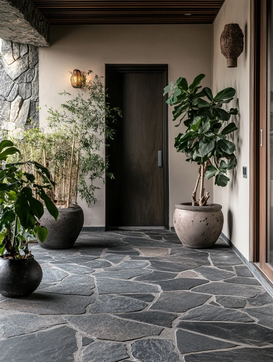 Contemporary Foyer with Organic Kota Stone Flooring and Lush Indoor Plants | Material Depot