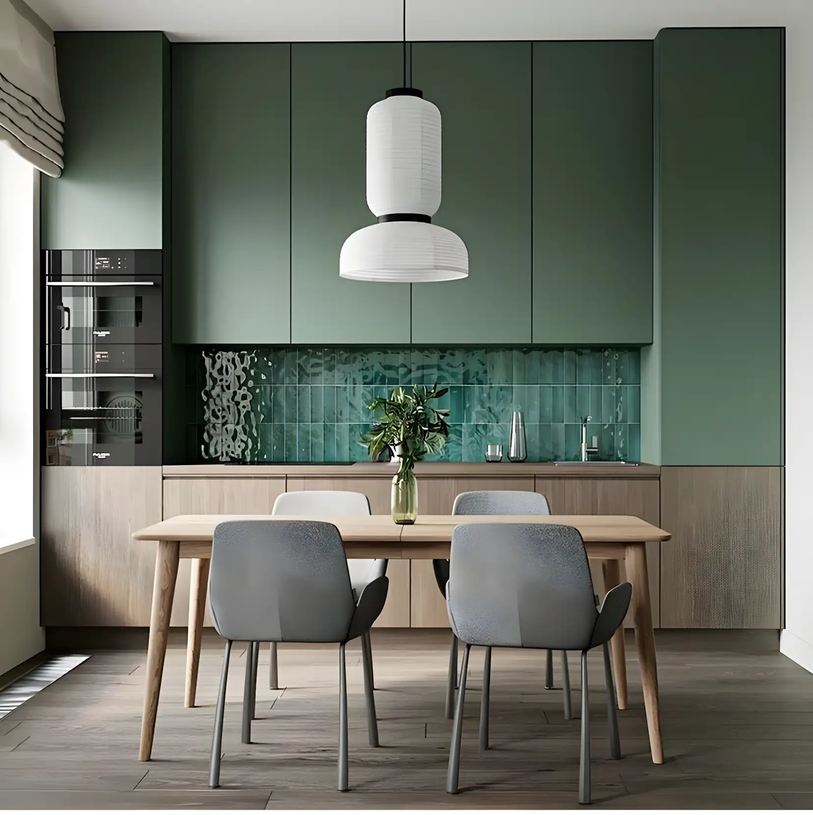 Contemporary Green and Oak Kitchen with Textured Backsplash | Material Depot